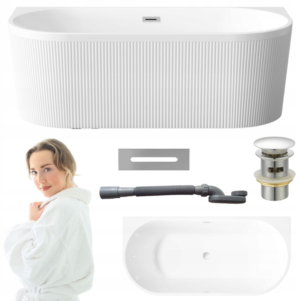  Freestanding bathtub with grooves wall-mounted invena glamour 170 cm black siphon