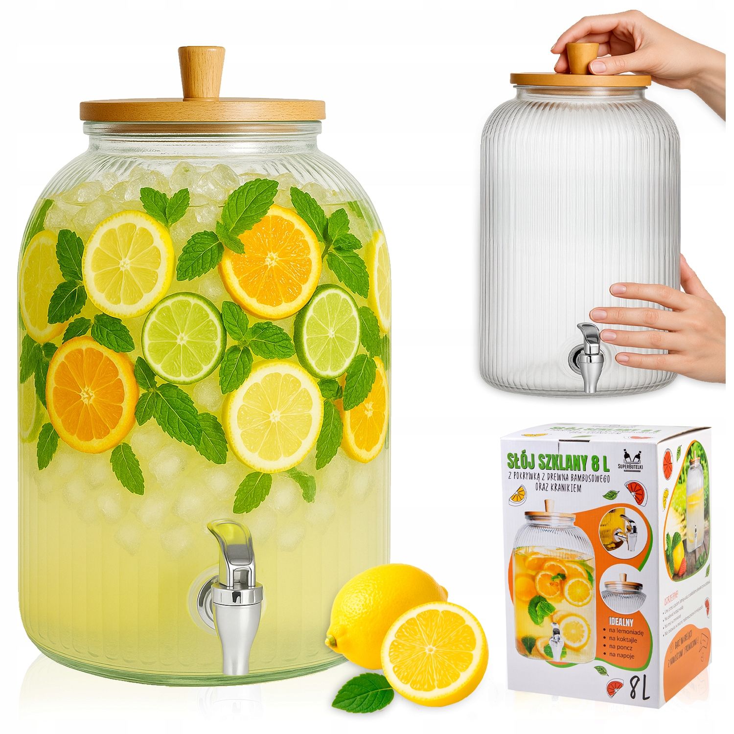  Glass jar with tap 8 l feeder water lemonade juice on a stand + cap