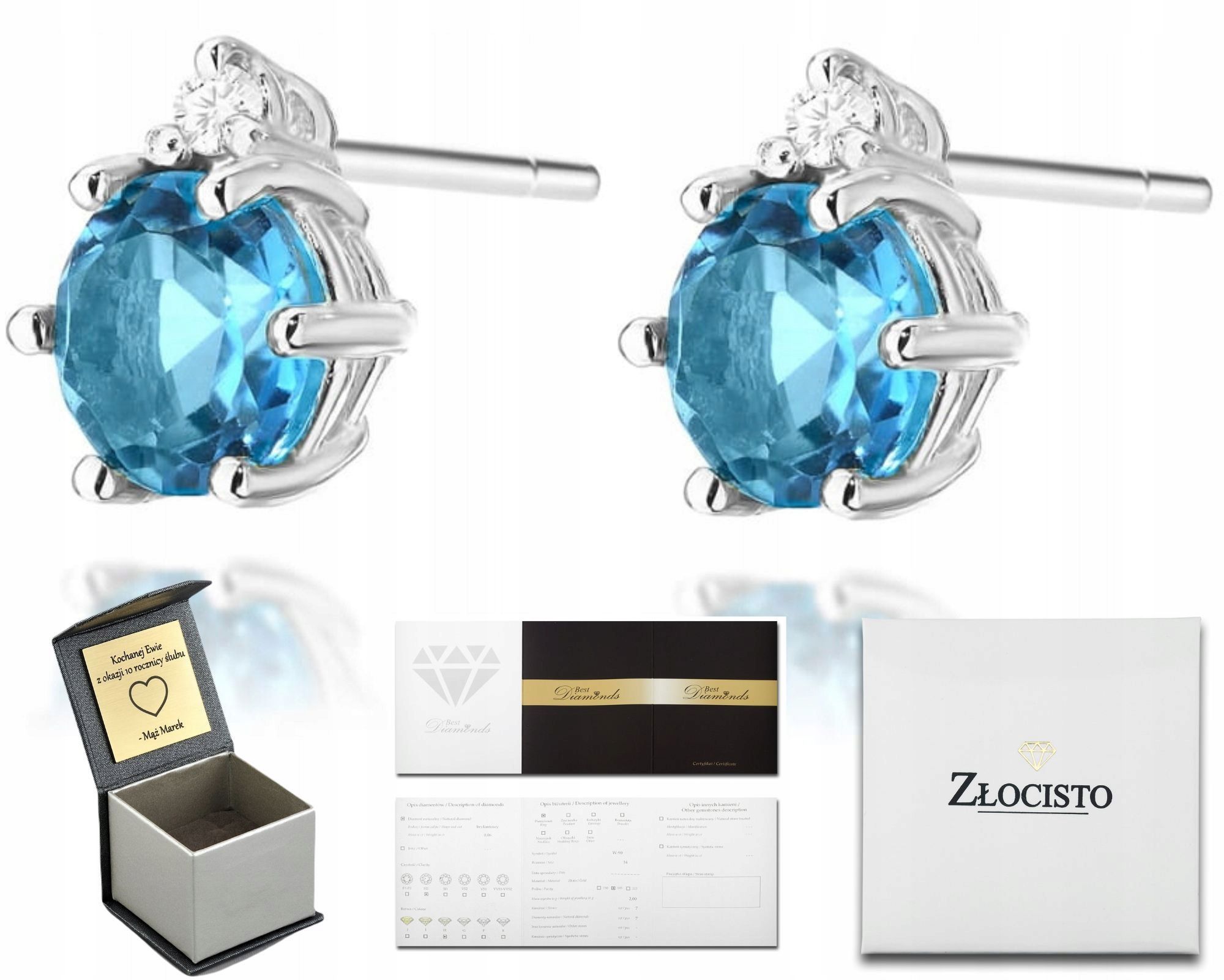  Zlaté náušnice topaz london blue diamanty ceruzka zlato 585 14k