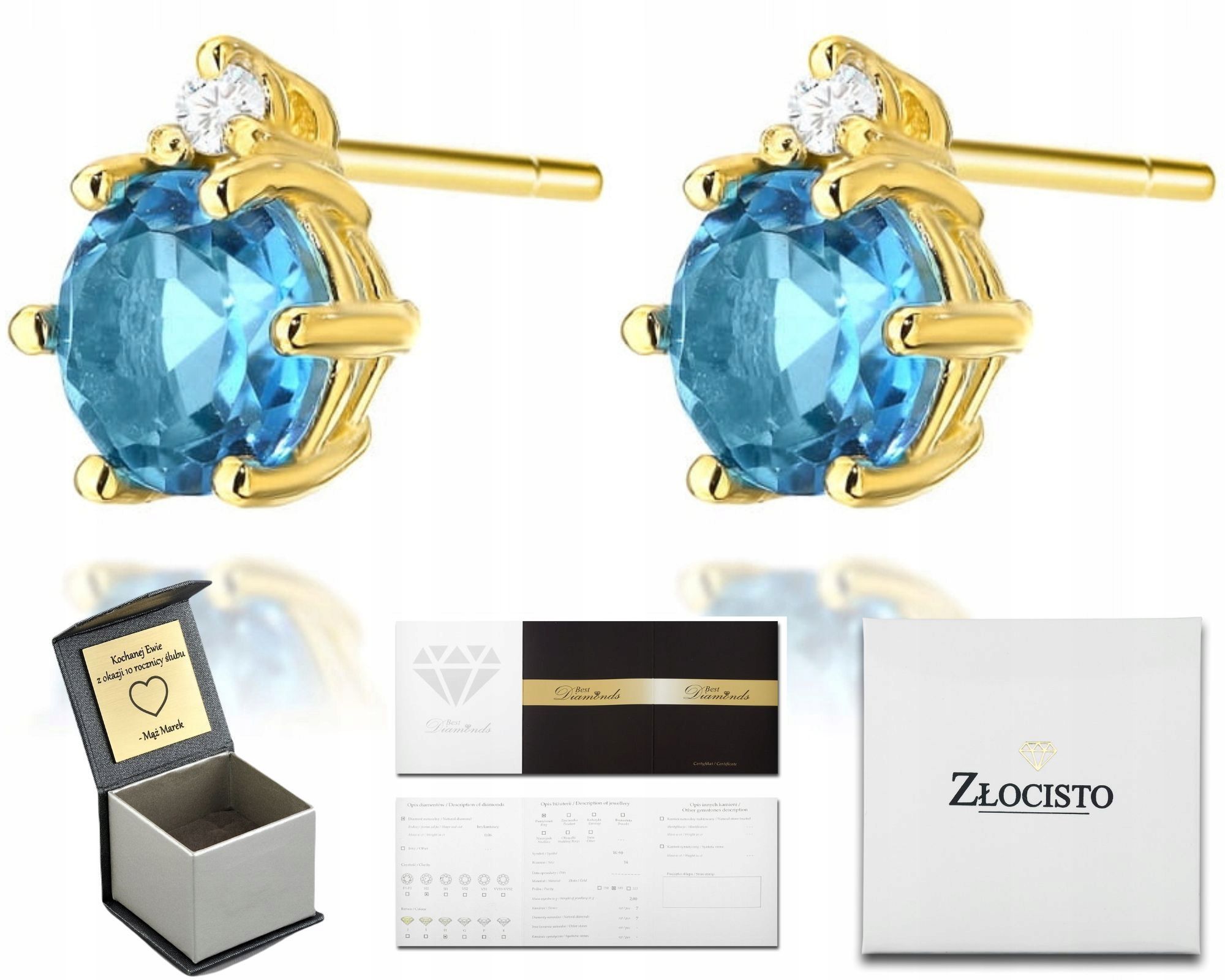  Zlaté náušnice topaz london blue diamanty ceruzka zlato 585 14k