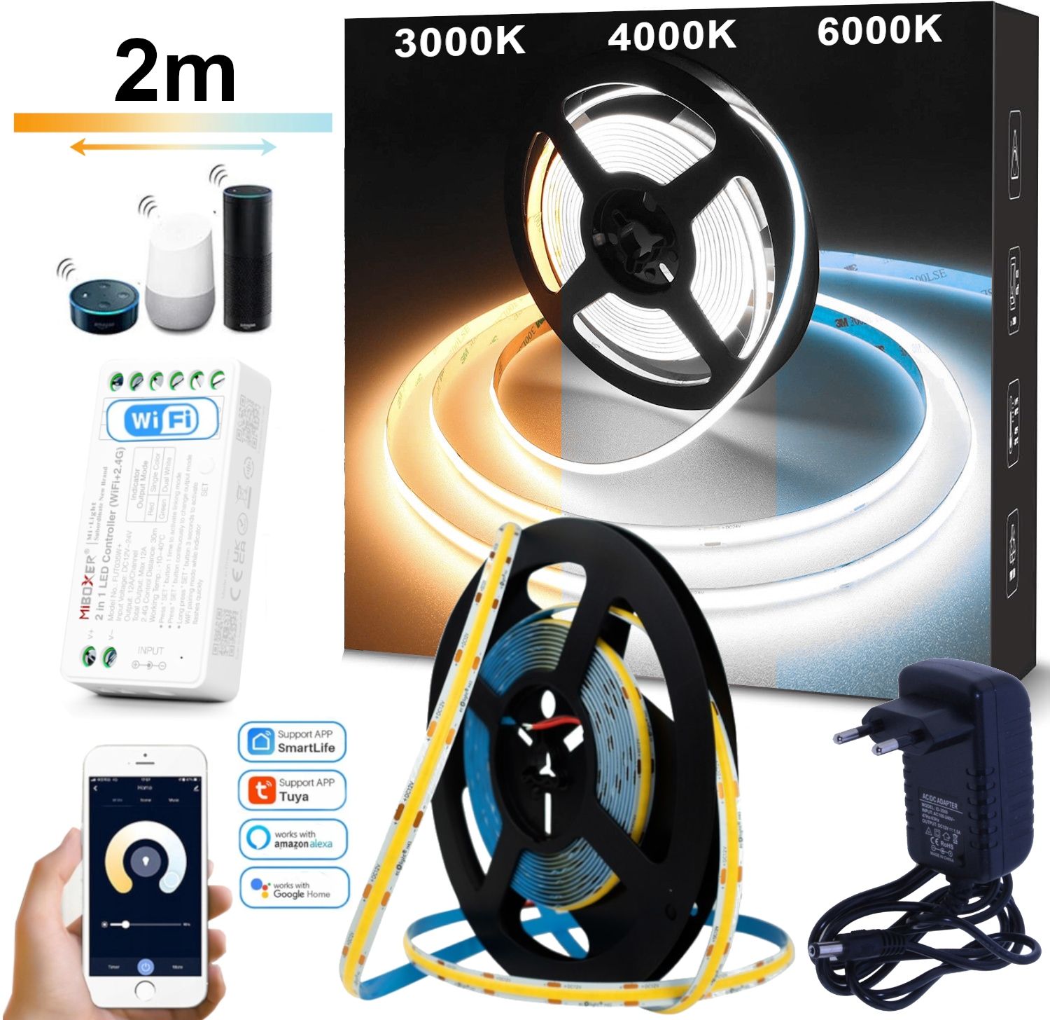  Led juosta 5m cob cct 24v su kintamąją spalva 2700k-6500k valdiklio + maitinimo šaltinis