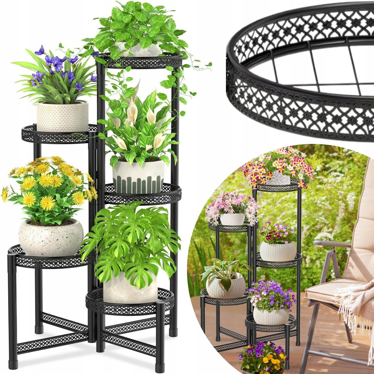  Stand flower stand for plants flowers terrace metal shelf black 4 shelves 114cm