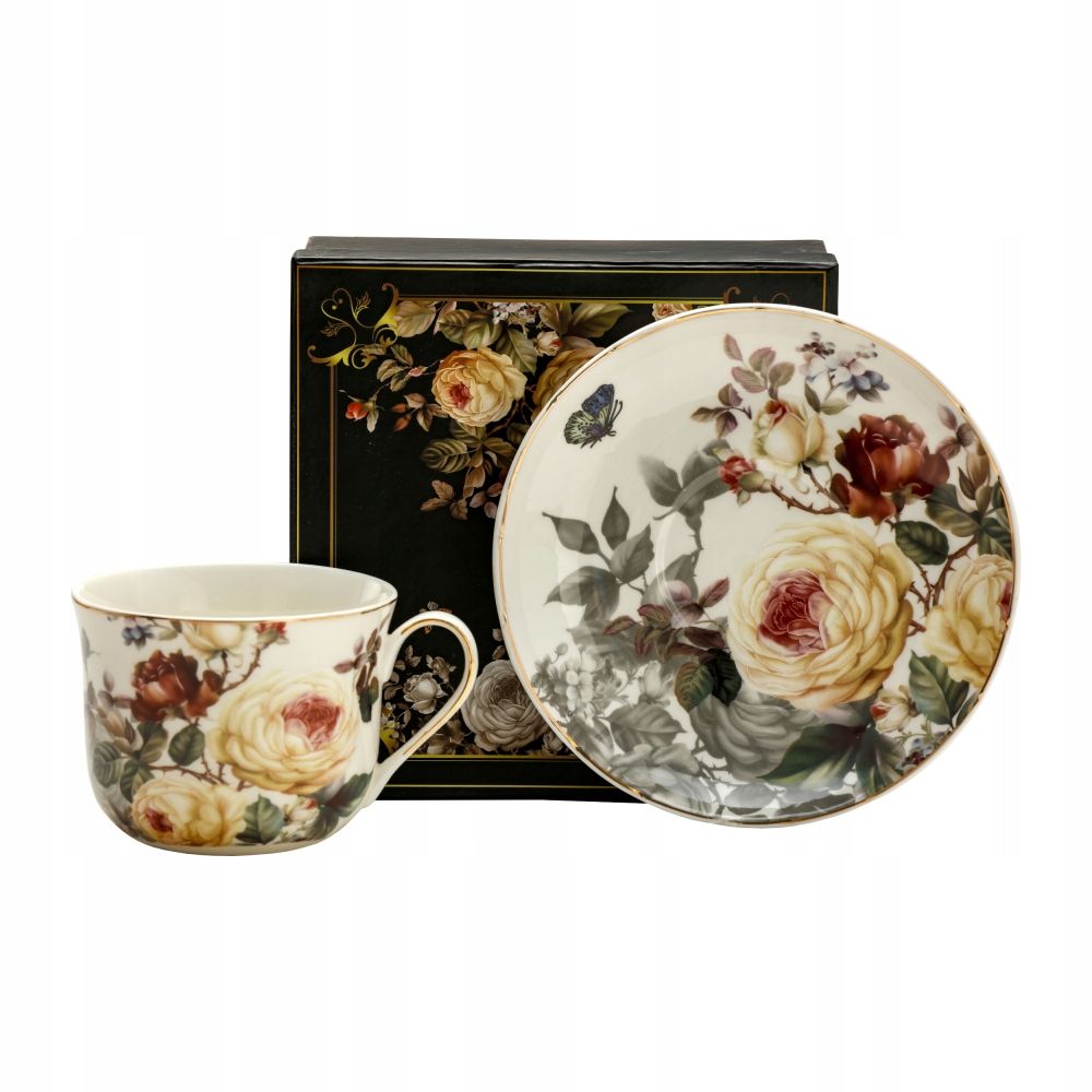  Porcelāna krūze balts lielu 420ml ar ziediem ar šķīvi roze jumbo