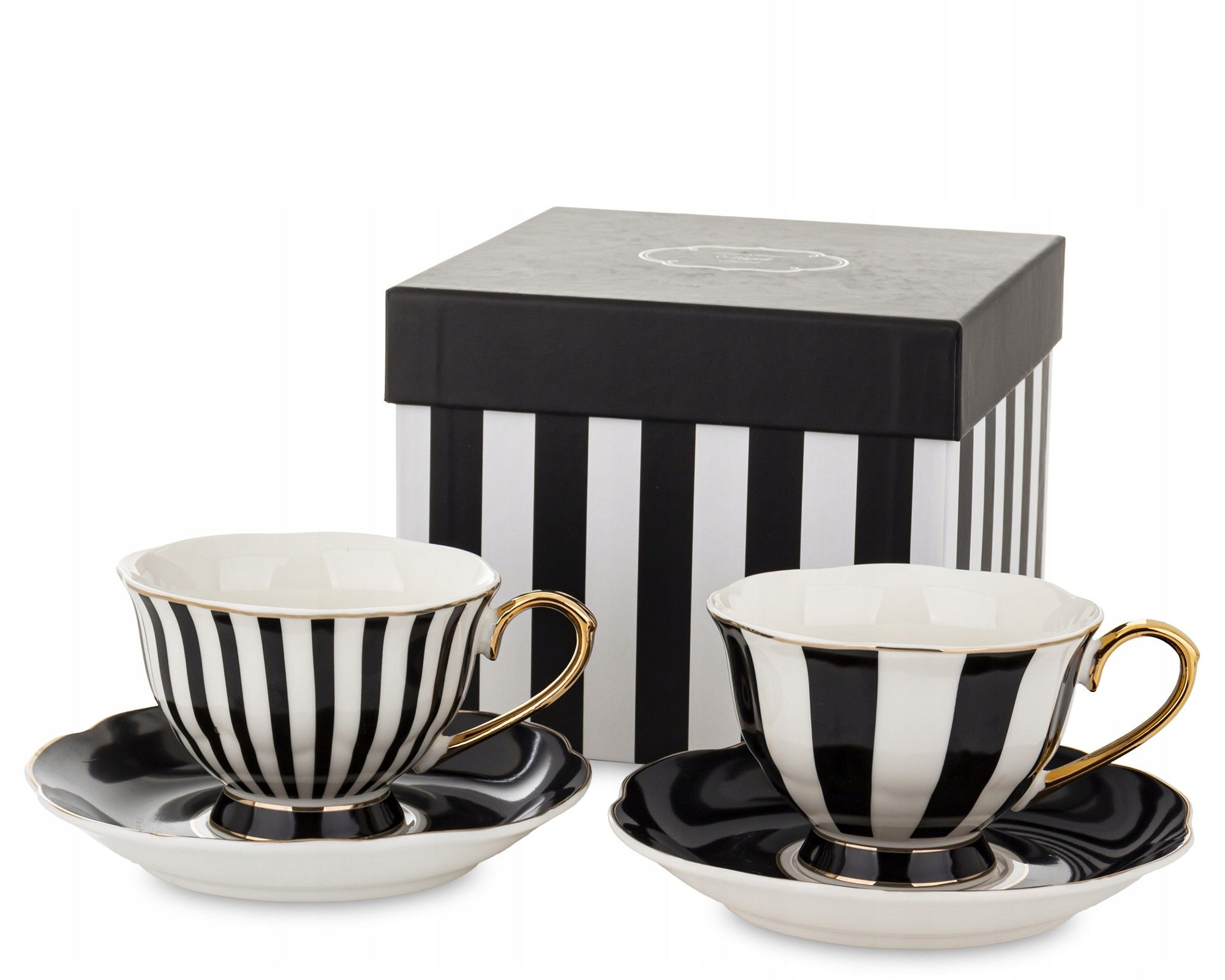  Cups with a saucer set 220 ml black and white colors golden set gift