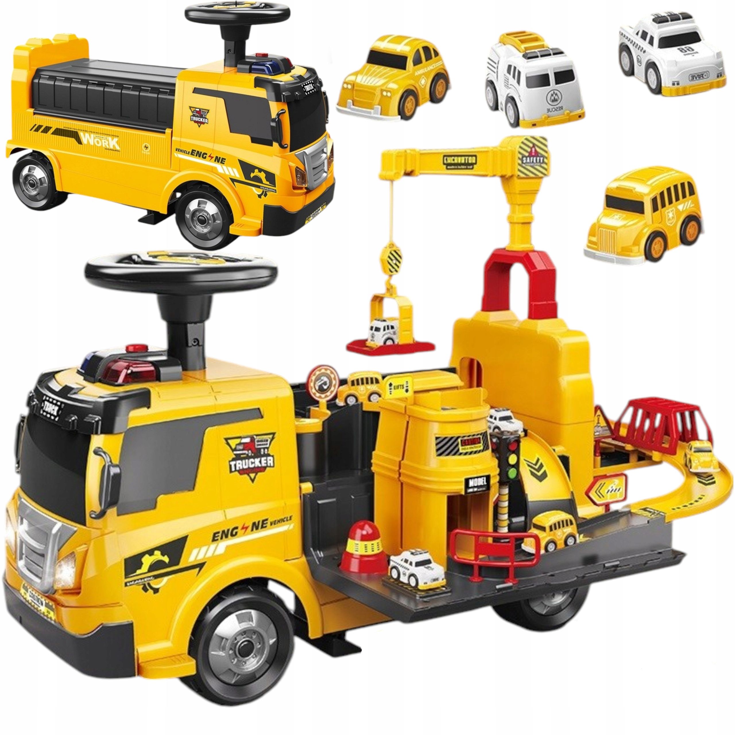  Kickmaschine 2w1pojazd konstruktion + 4 spielzeugautos ausklappbar parkplatz kran ton zh913