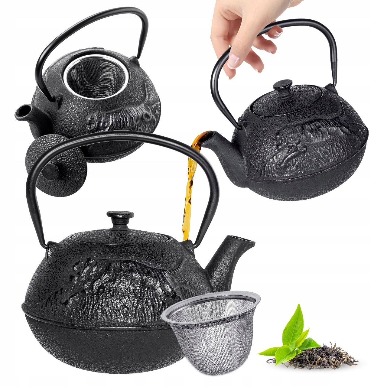  Rýchlovarná kanvica čierny liatinový čajník čajník výrobník čaju bylinky 800ml 4 misy