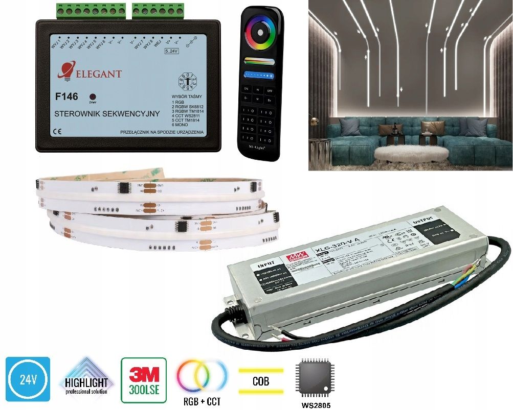  5m osvětlení korytarzowe soubor digitální led f146 cob ws2805 rgb + cct 24v