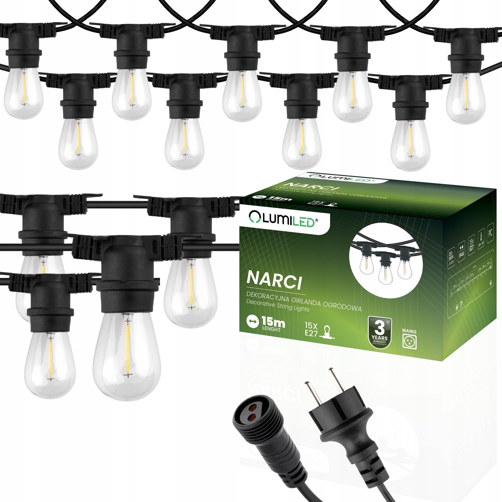  Dārza vītne ārējs ķēde led gaisma 15m 15xe27 1,3w premium