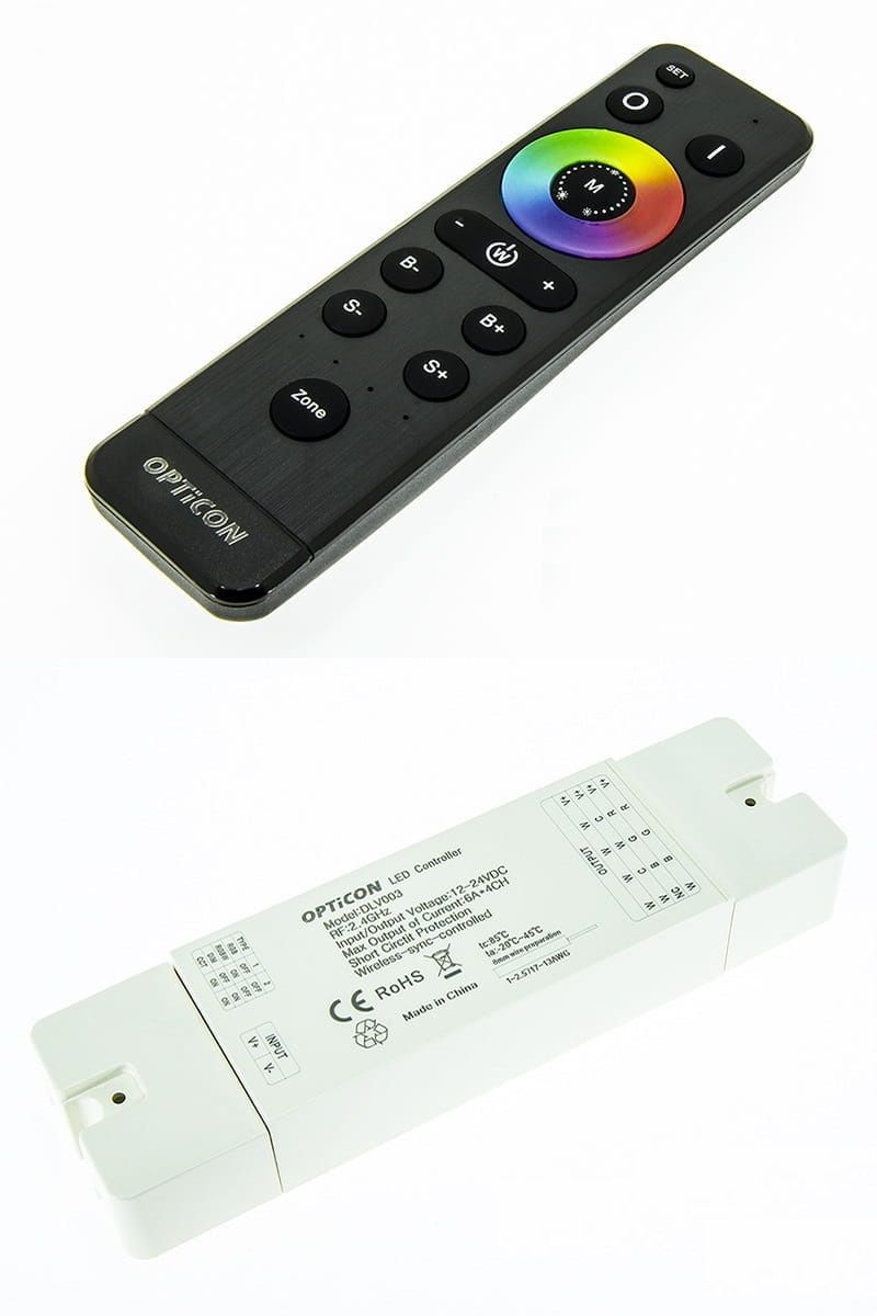  Radič stuhy led rgb / rgbw opticon 16a 5v 12v / 24v dc diaľkové ovládanie rf rádio
