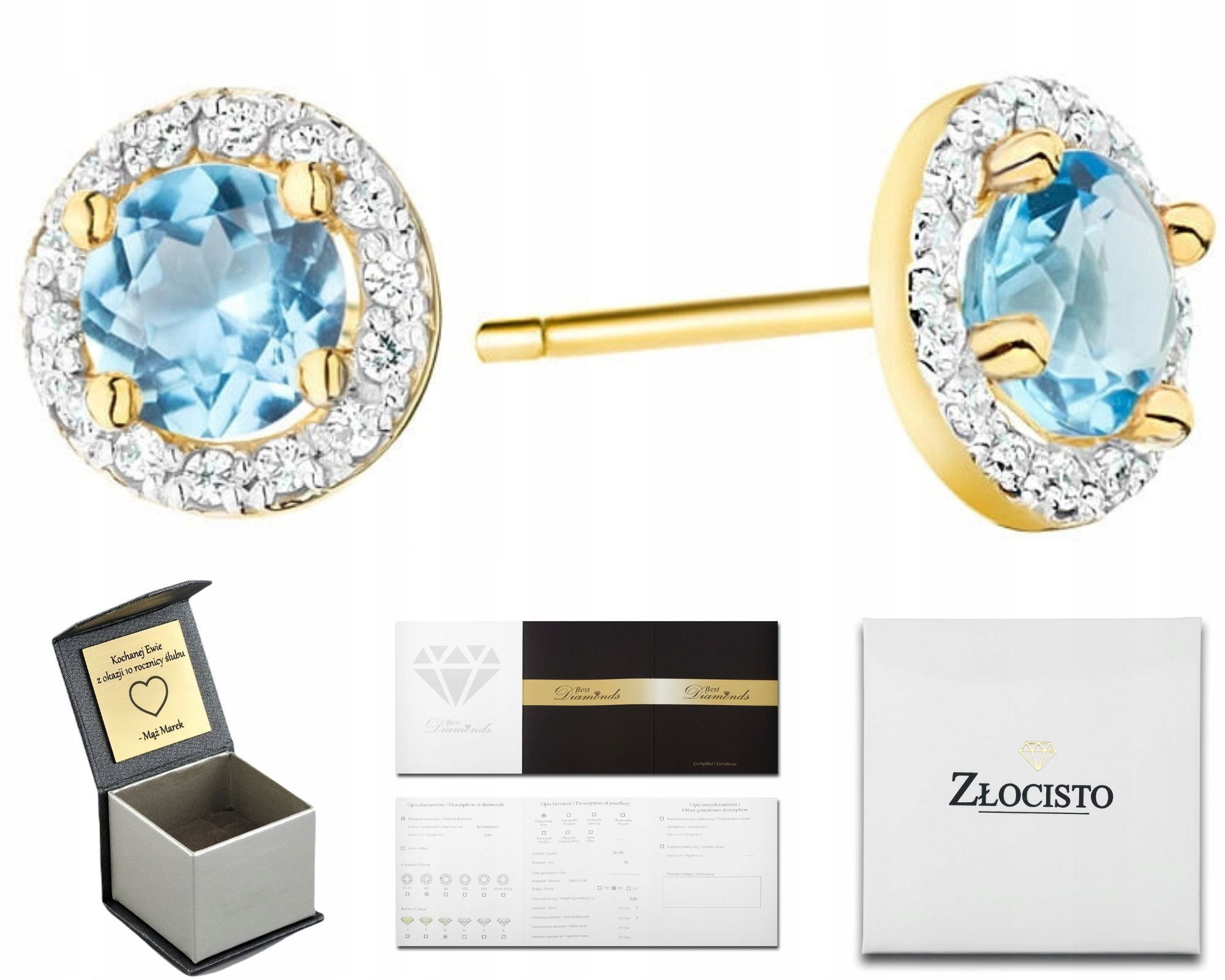  Zlaté náušnice topaz london blue diamanty ceruzka zlato 585 14k