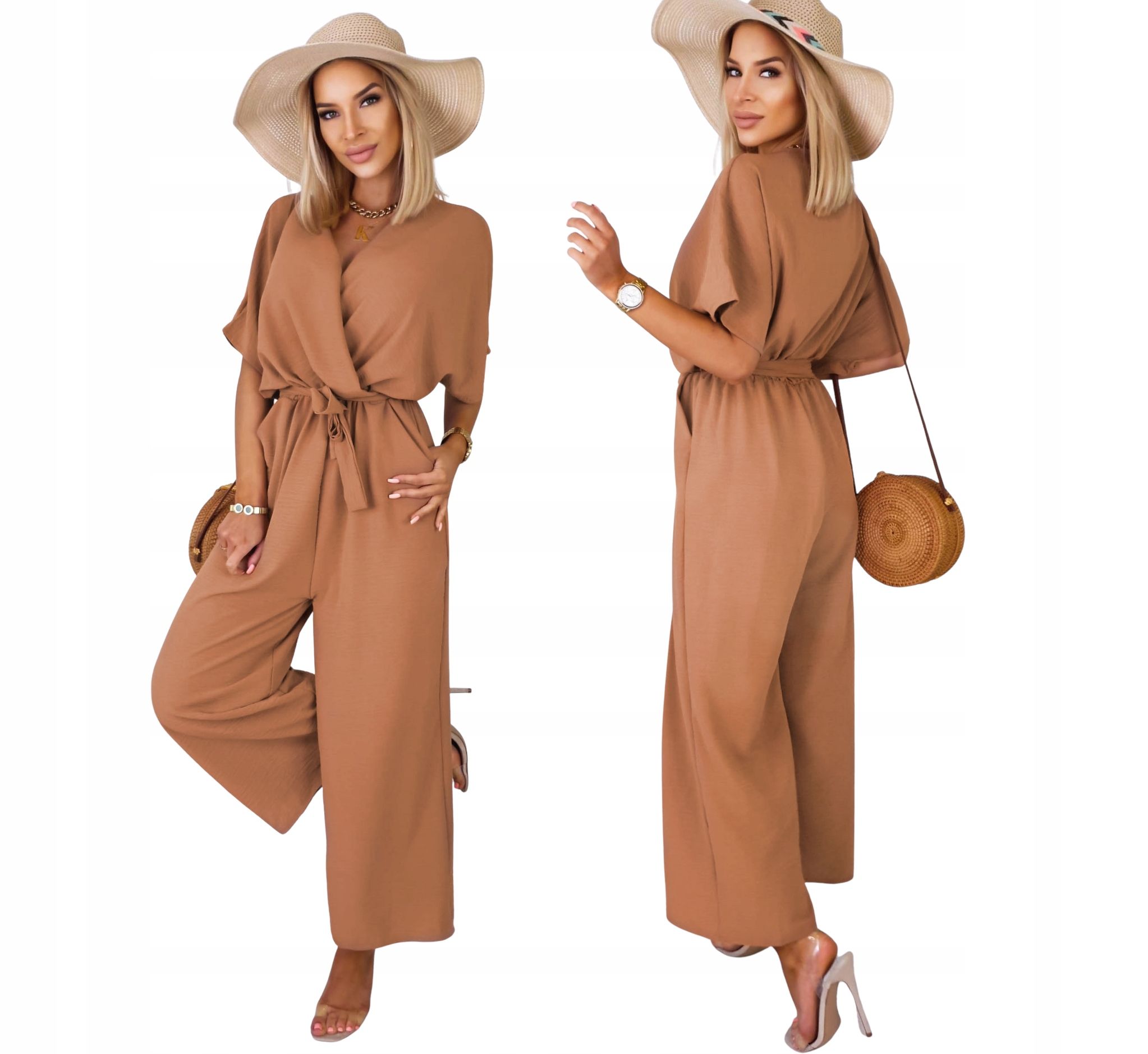  Sievišķīgs elegants kombinezons aploksnes formas izgriezums siksna kabatas camel uni