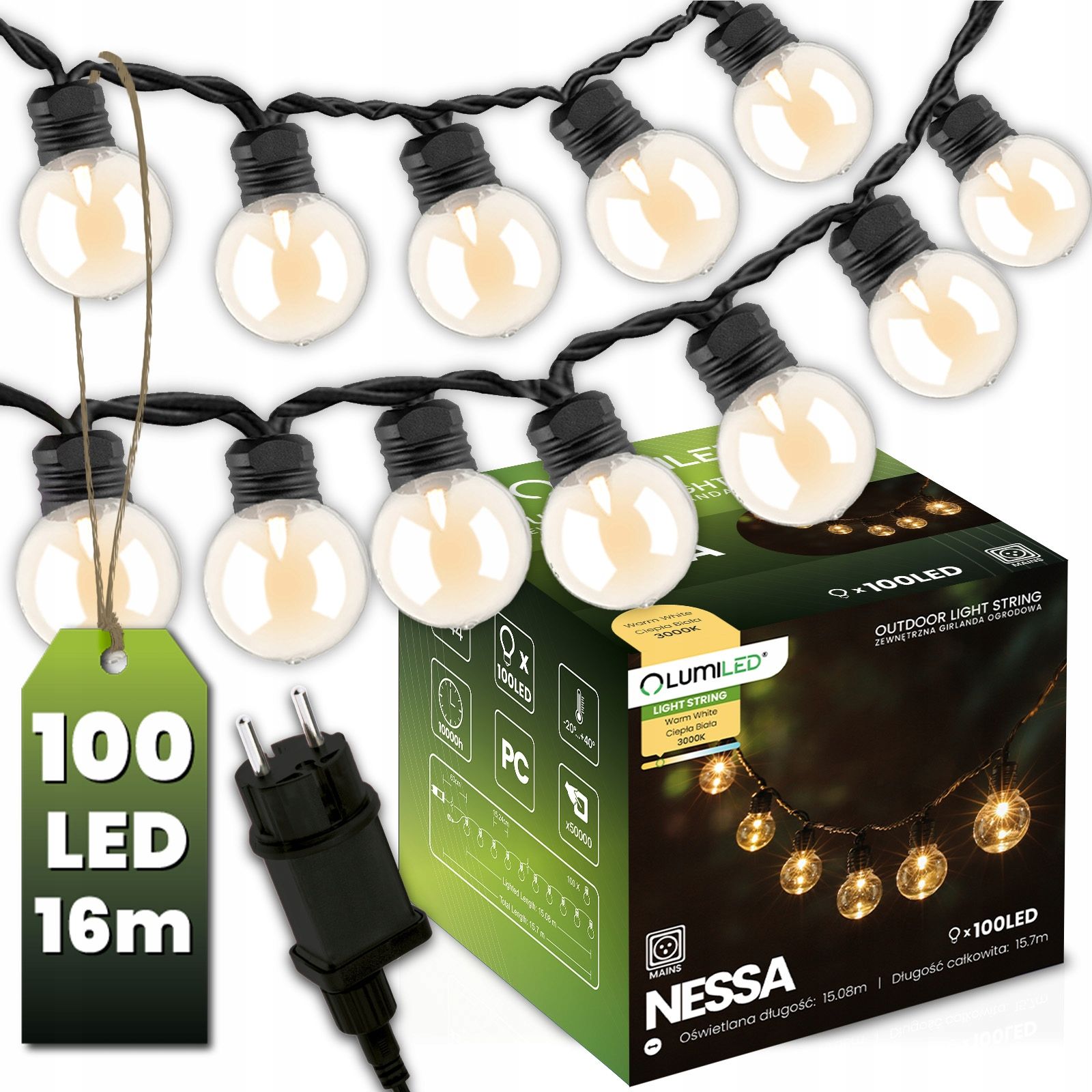  Dārza vītne ārējs ķēde led gaisma 15m 15xe27 1,3w premium