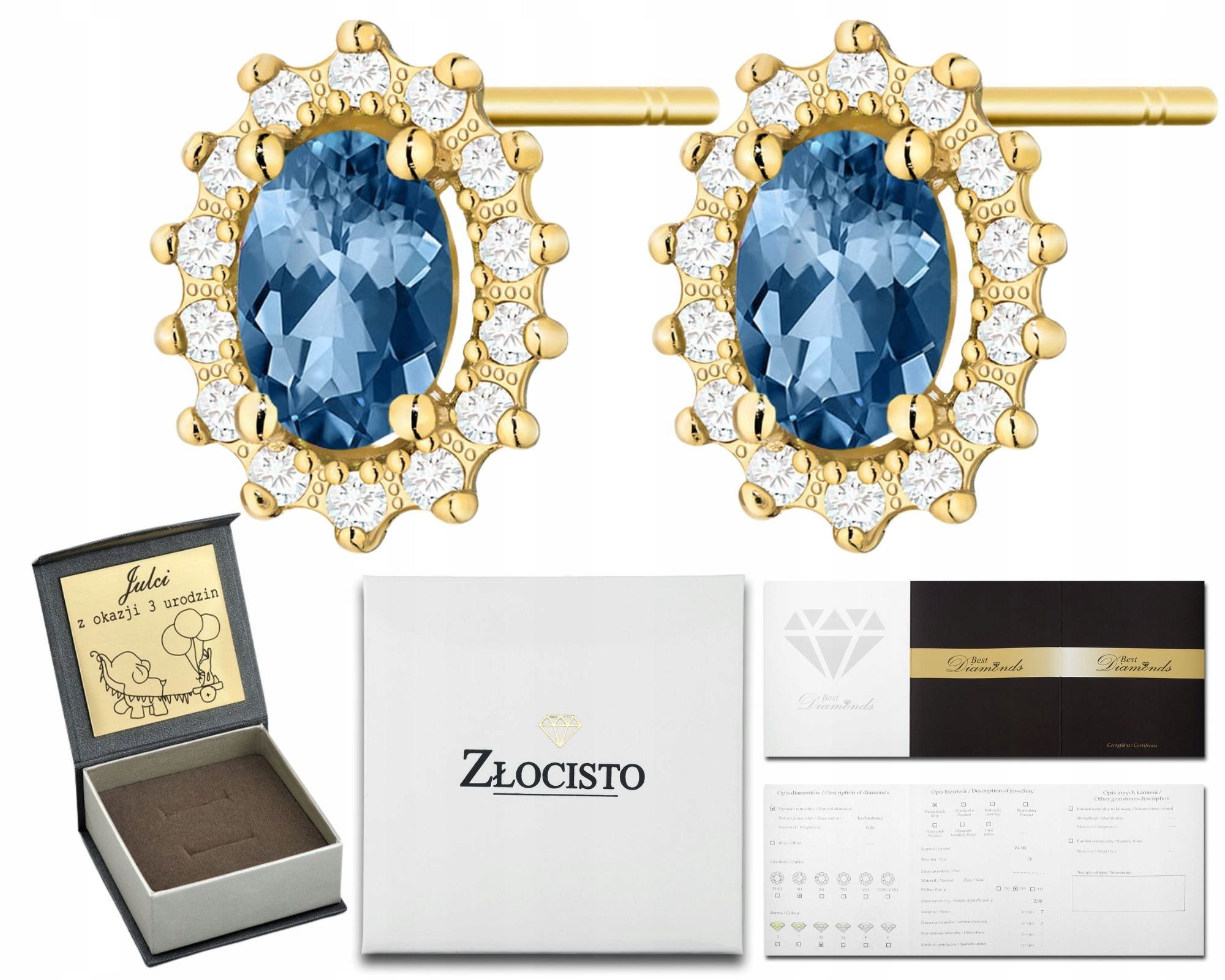  Zlaté náušnice topaz london blue diamanty ceruzka zlato 585 14k