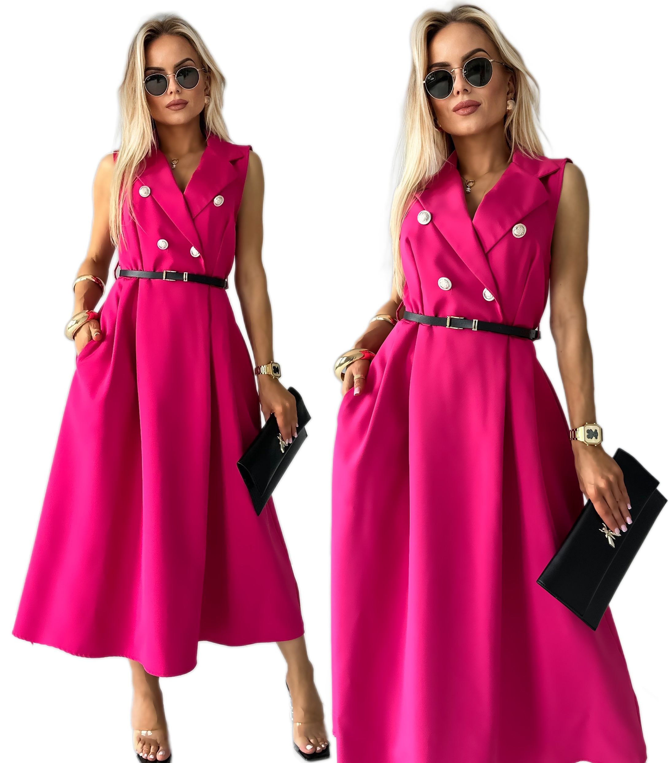  Elegantní dámské šaty rozšiřující se szmizjerka kapsy popruh szla1