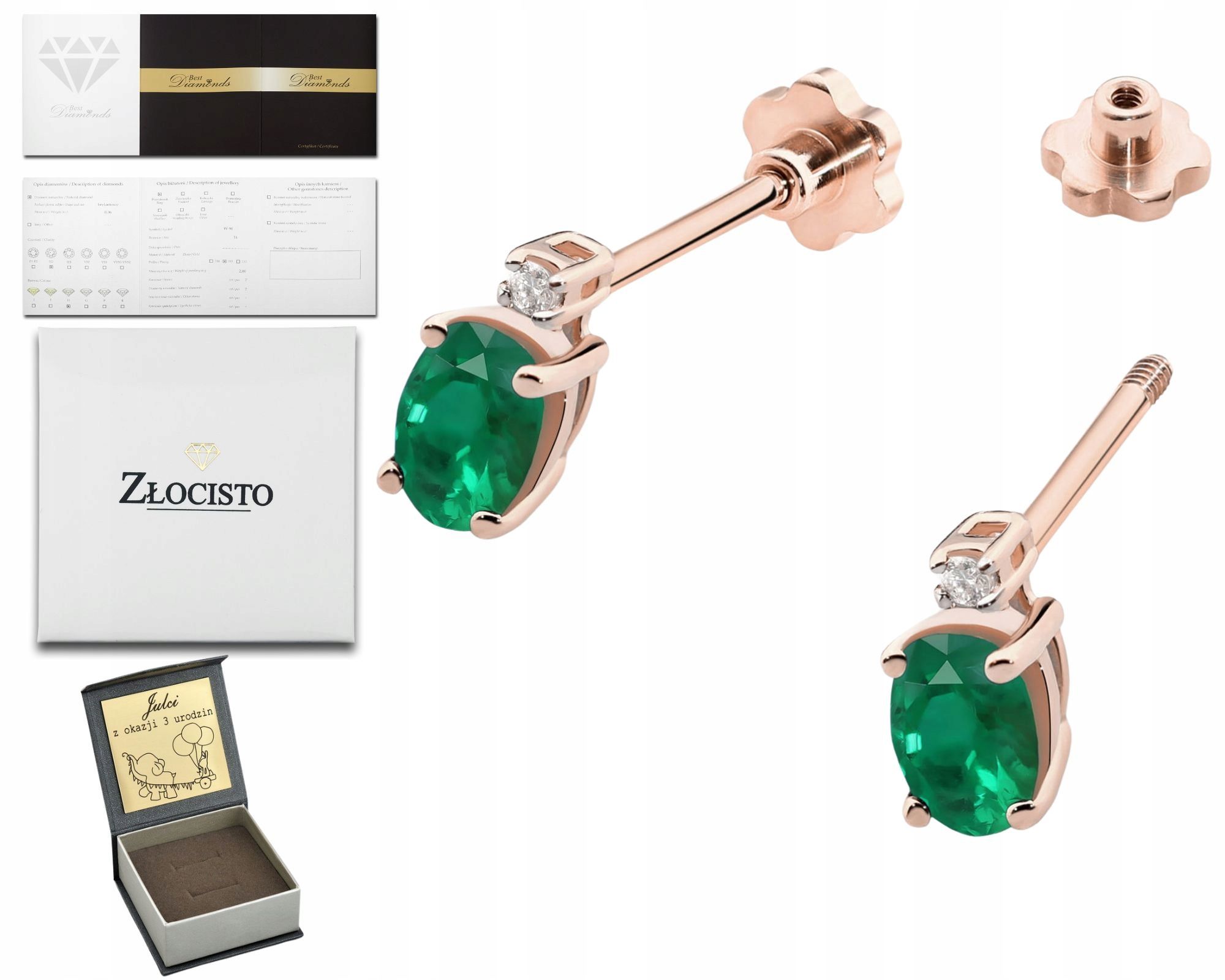  Zlaté náušnice zelený prírodný kameň smaragd a diamanty zlato 585