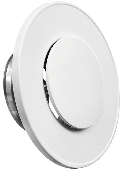 Oro ištraukimo anemostatas 100 mm baltas metalinis su rėmeliu i garso izoliacinė tarpinė