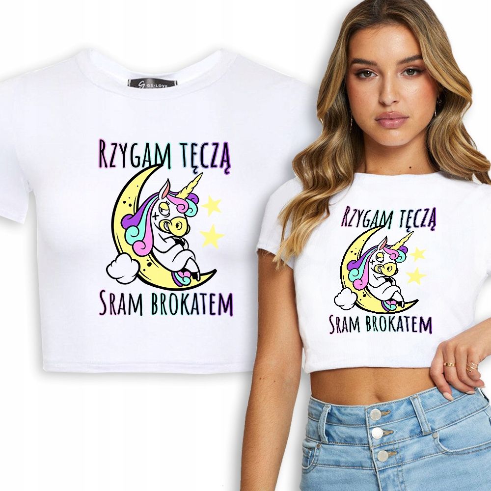  T-shirt kurz crop weiß mermaid muster - s