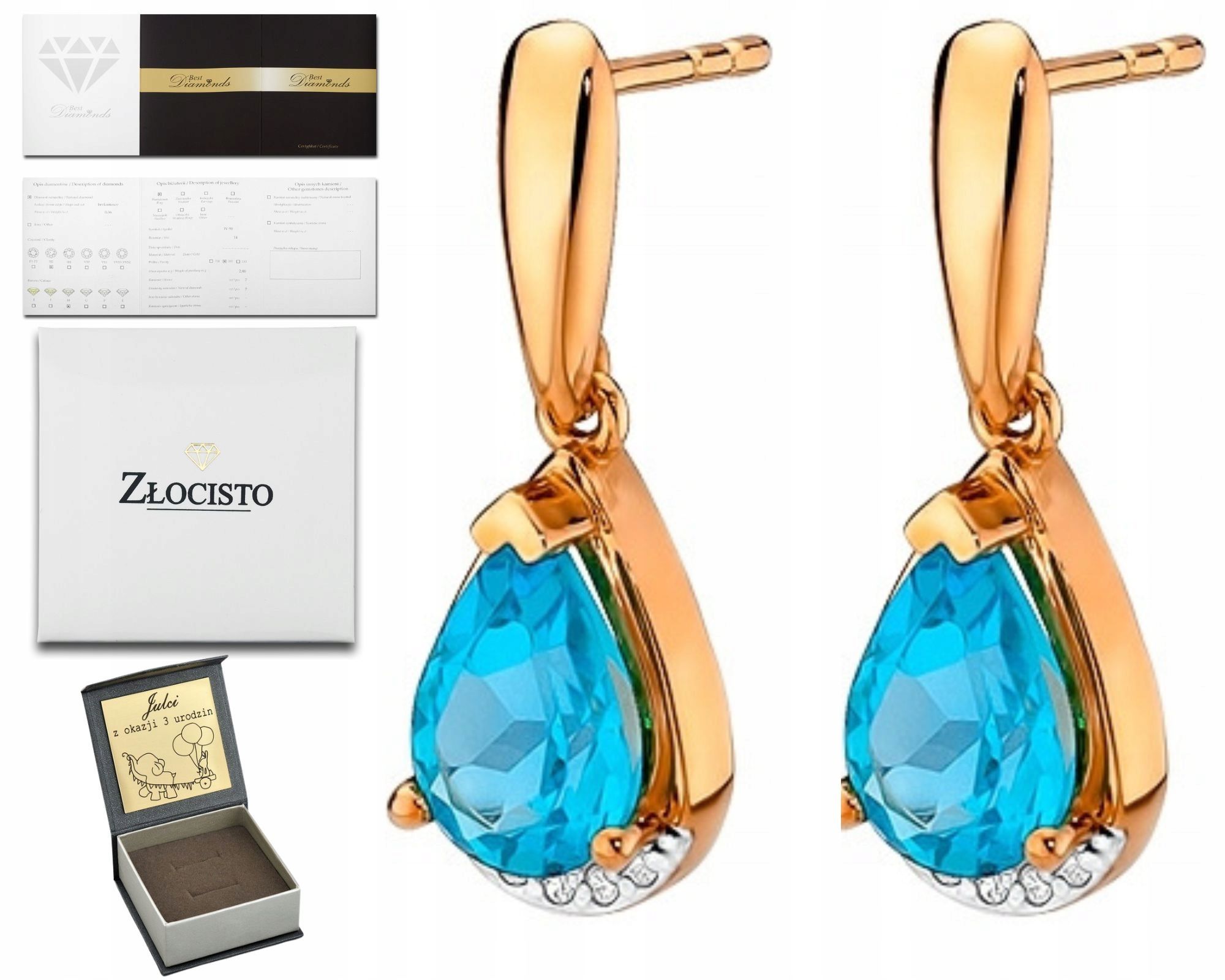  Zlaté náušnice topaz london blue diamanty ceruzka zlato 585 14k