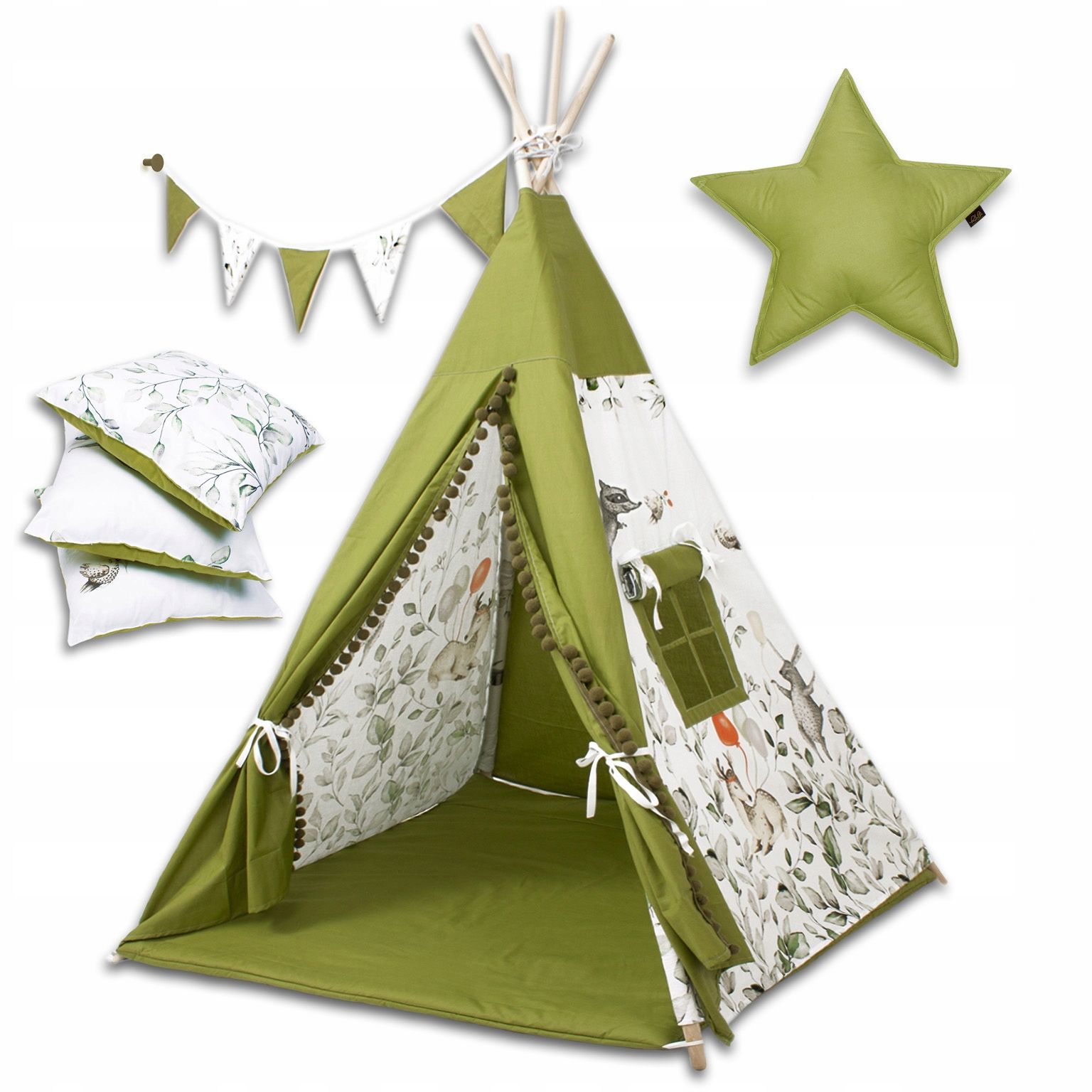  Detský stan tipi zelený w jeleň, vigvam, teepee, vankúš gewiazda