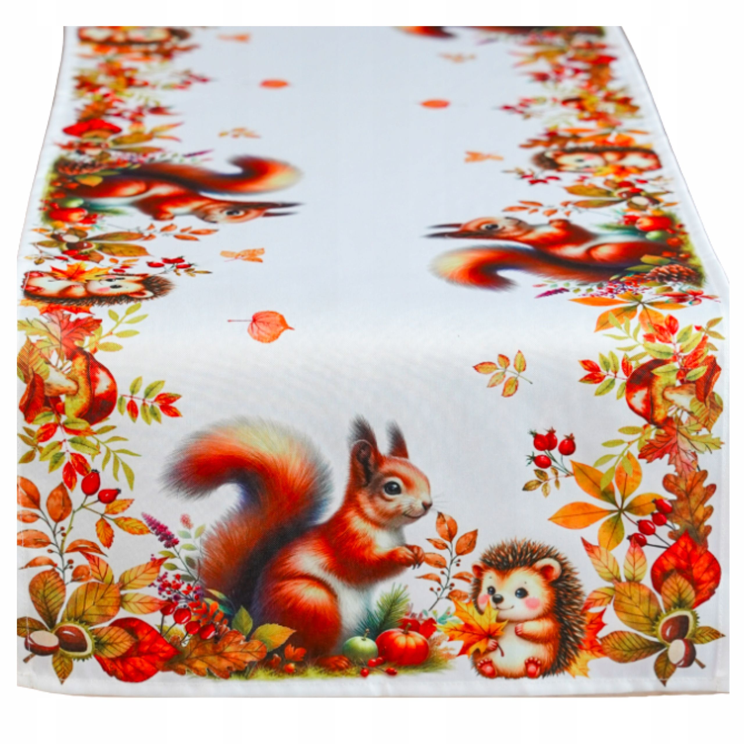  Autumn table runner on the table 60x120 cm yellow orange color squirrel hedgehog