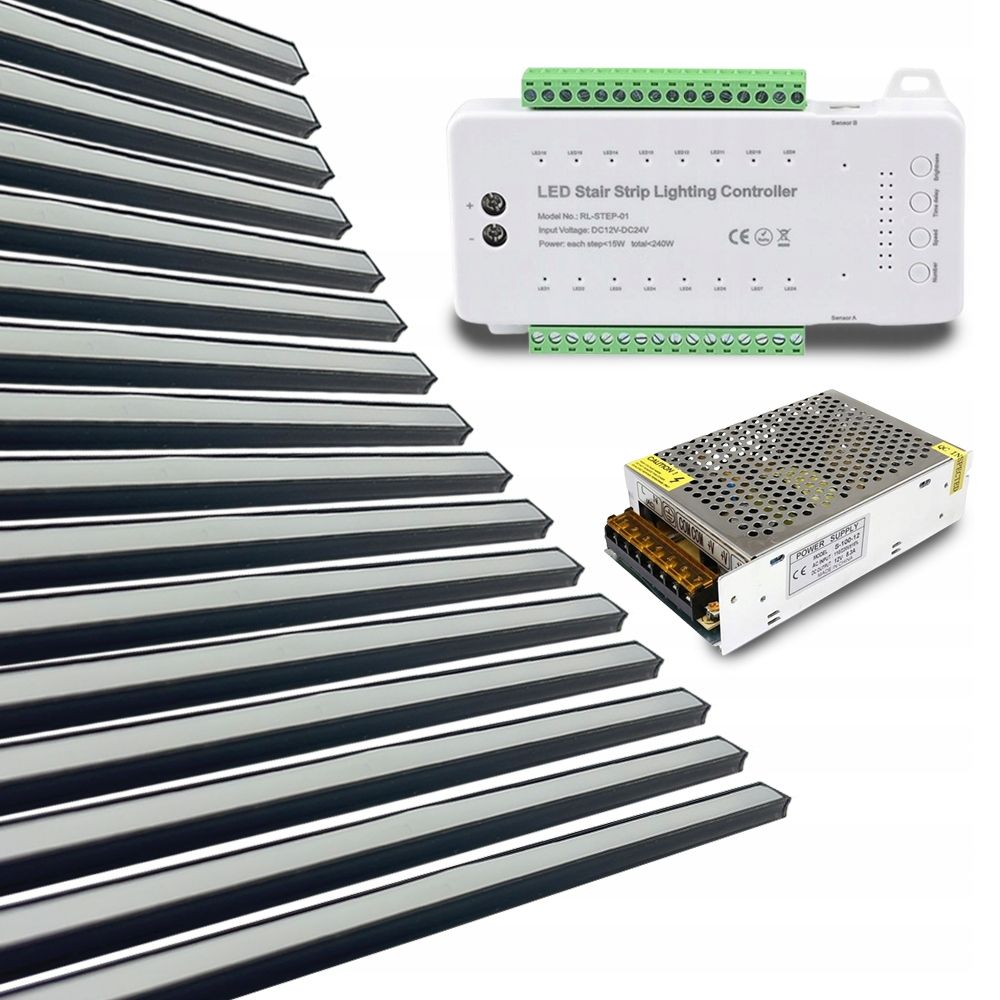  Soubor 16x srebrna led pásek schody slim 1m ovladač stupňovaný zdroj energie