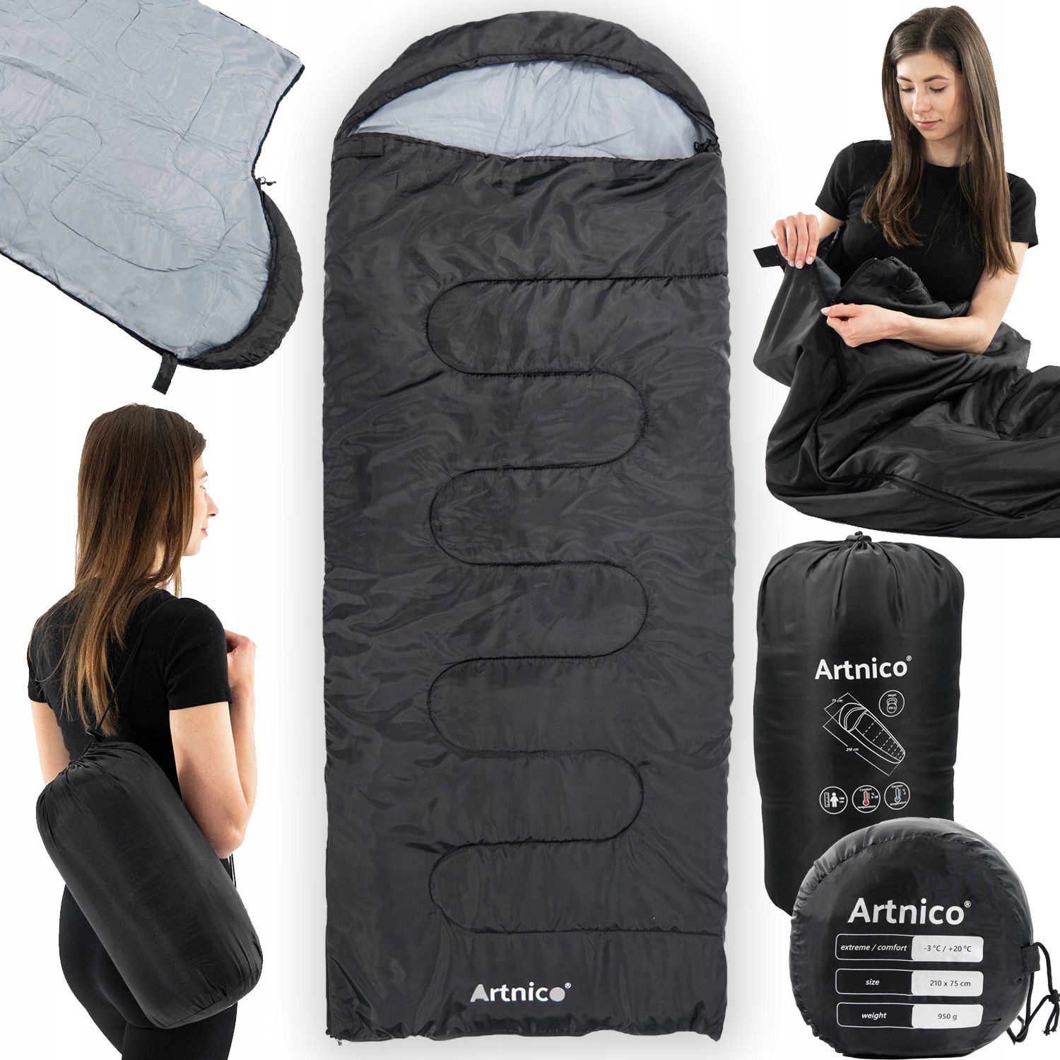  Turistický spací vak 2 v 1 s kapucňou 210 x 75 cm svetlo 950 g deka čierny