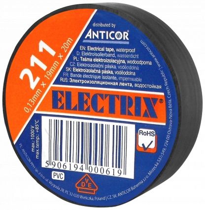  Anticor electrical insulating tape electrix 211 19mm x 20m black color