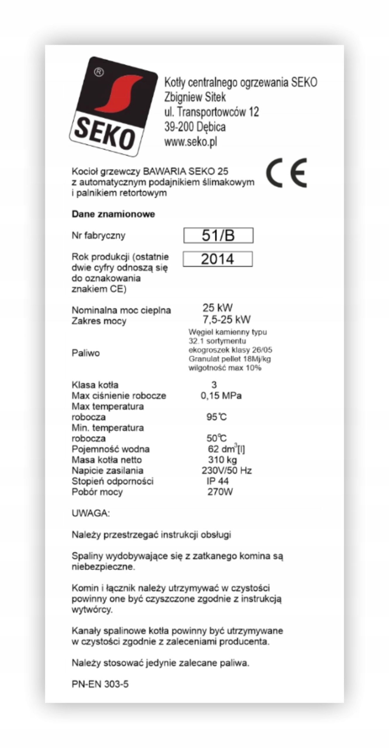  Nameplate sticker on heating boiler kolton others wtornik