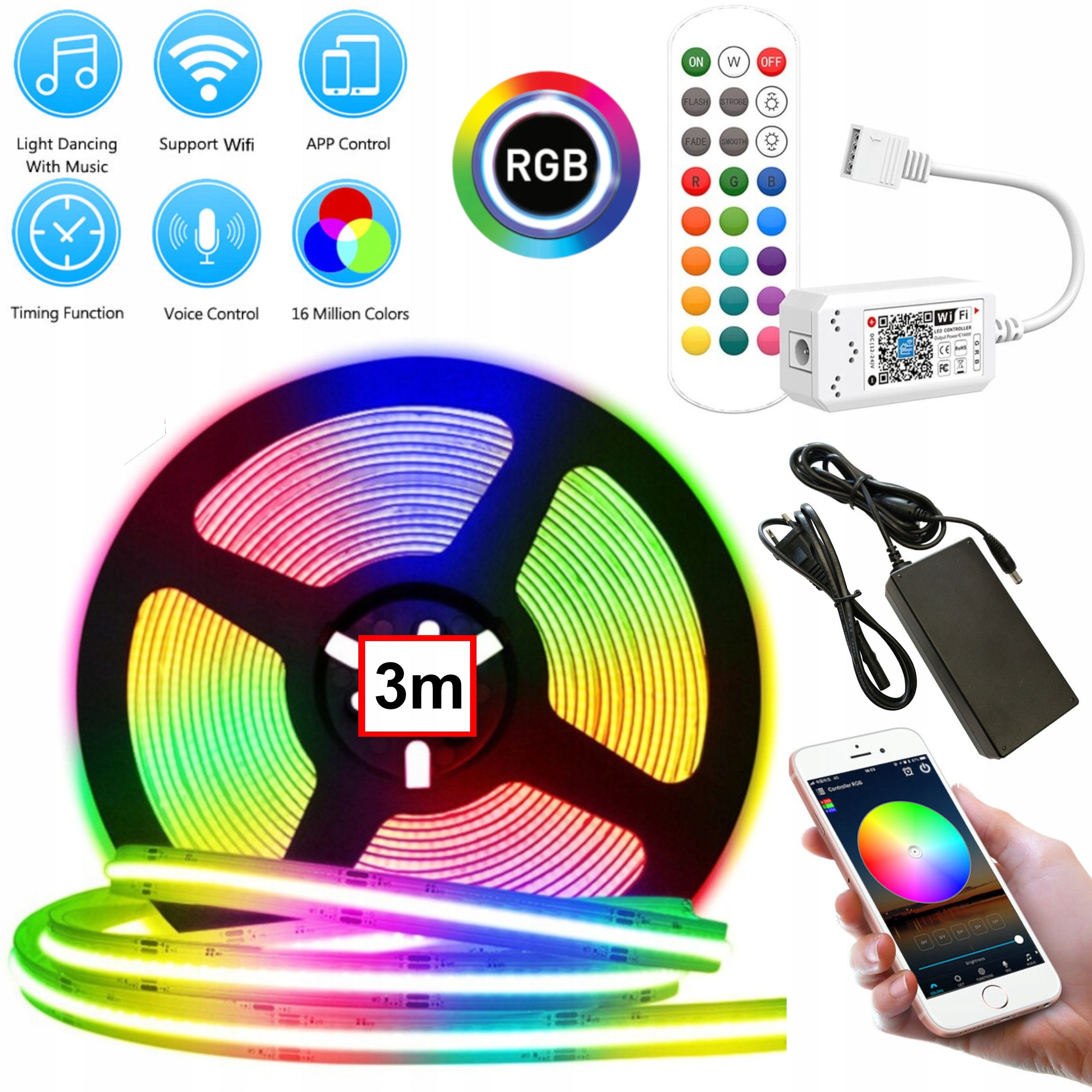  Led juosta cob 1m rgb neon spalva komplektas smart wifi android ios muzikinis