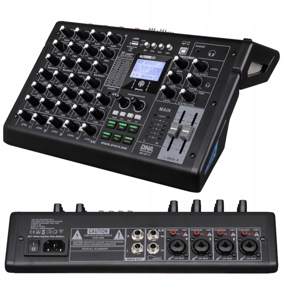 Dna mix-eff 6 analog audio mixer 6 channels usb mp3 bluetooth phantom