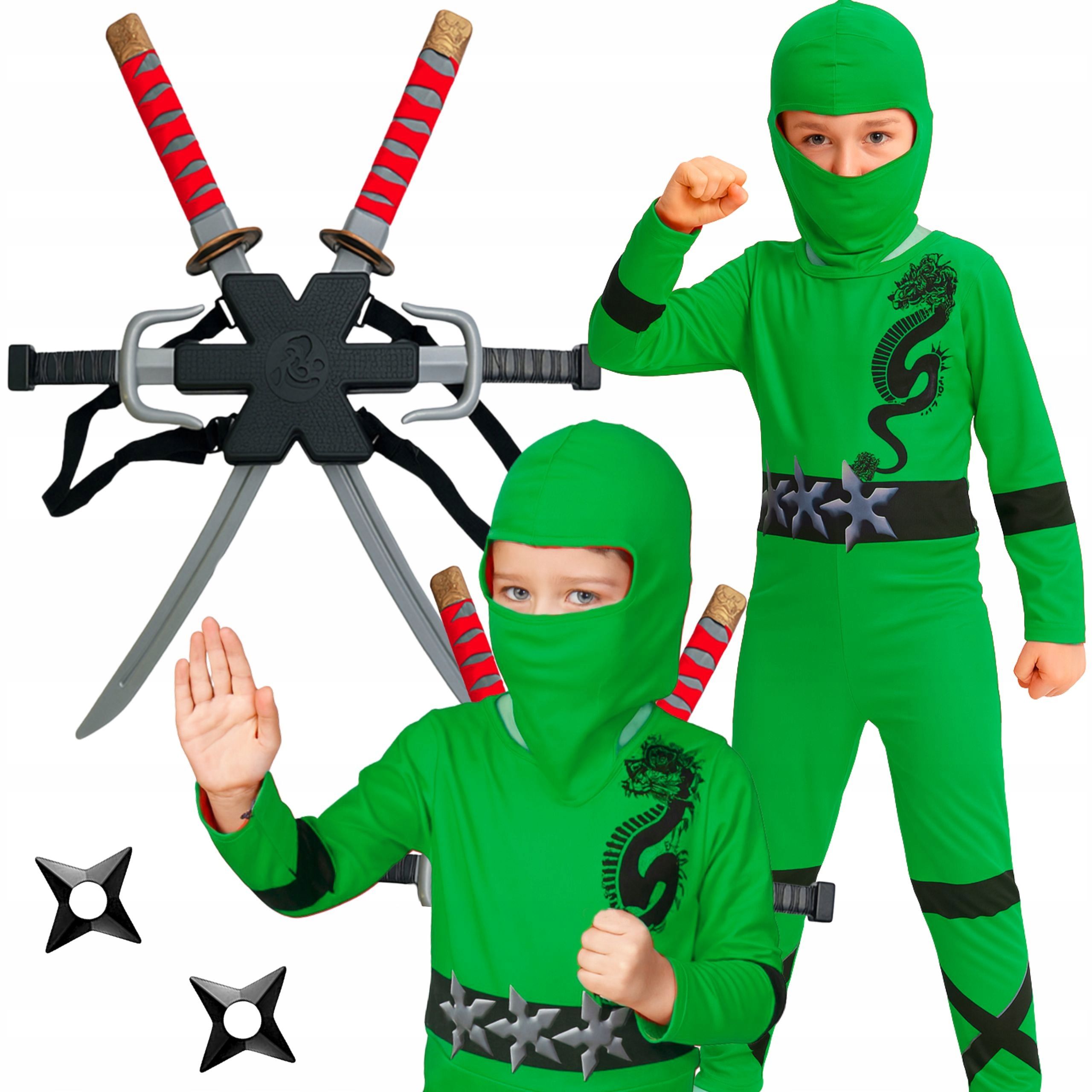  Ninja-kostüm schwerter szurikeny dolche katana krieger grün 128 134 zentimeter