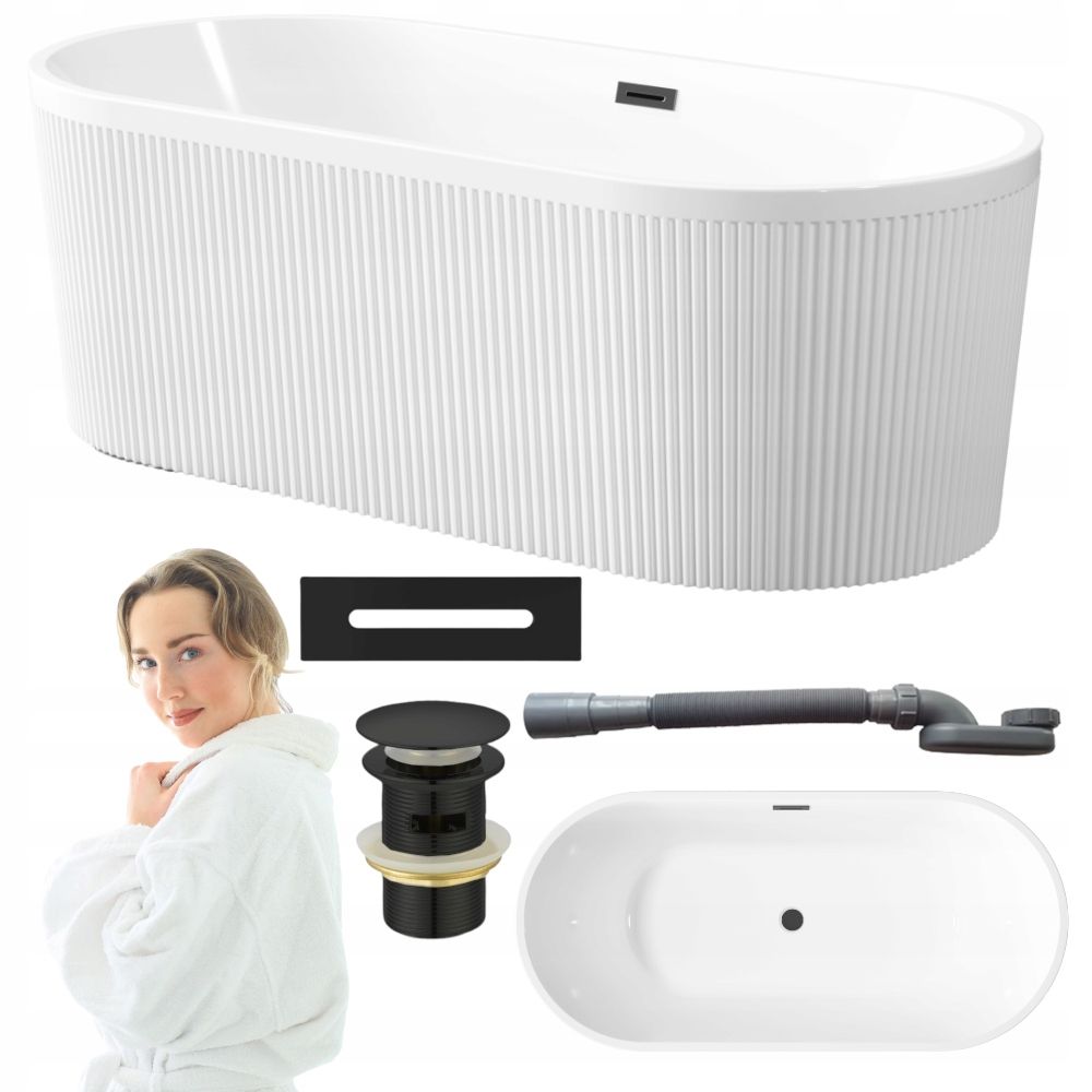  Freestanding bathtub with grooves wall-mounted invena glamour 170 cm black siphon