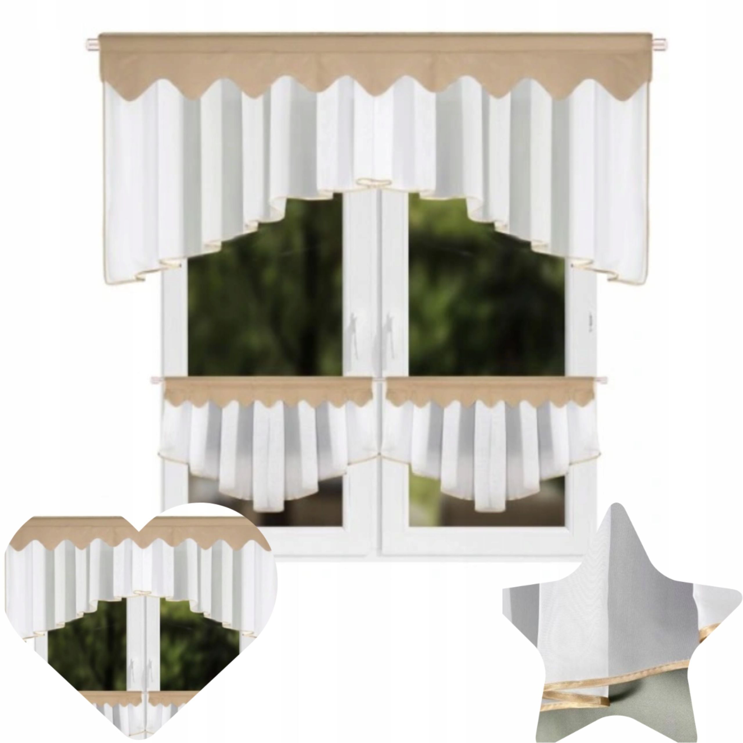  Závěs s zazdrostkami 200x130cm béžový pro kuchyni na stuze vyřezávané luk l616