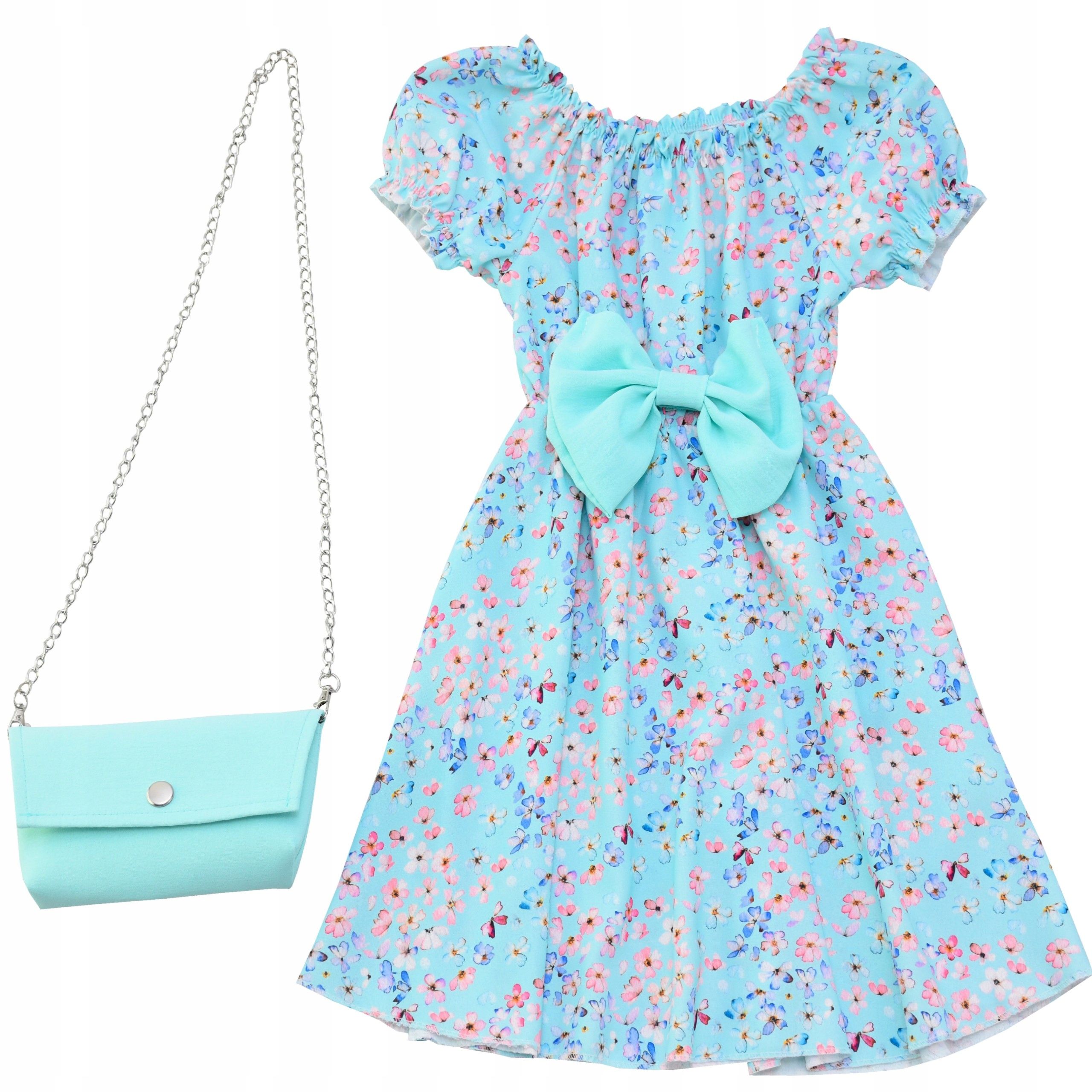 Kleid für mädchen blau mit blumen handtasche schleife sommer elegant 12 lal
