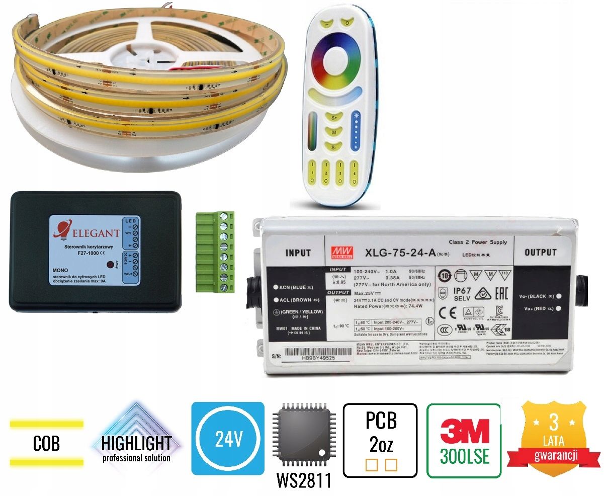  Soubor 20m digitální led cob neutrální 24v ws281 krytí ip68 vodotěsný zwin/rozwin