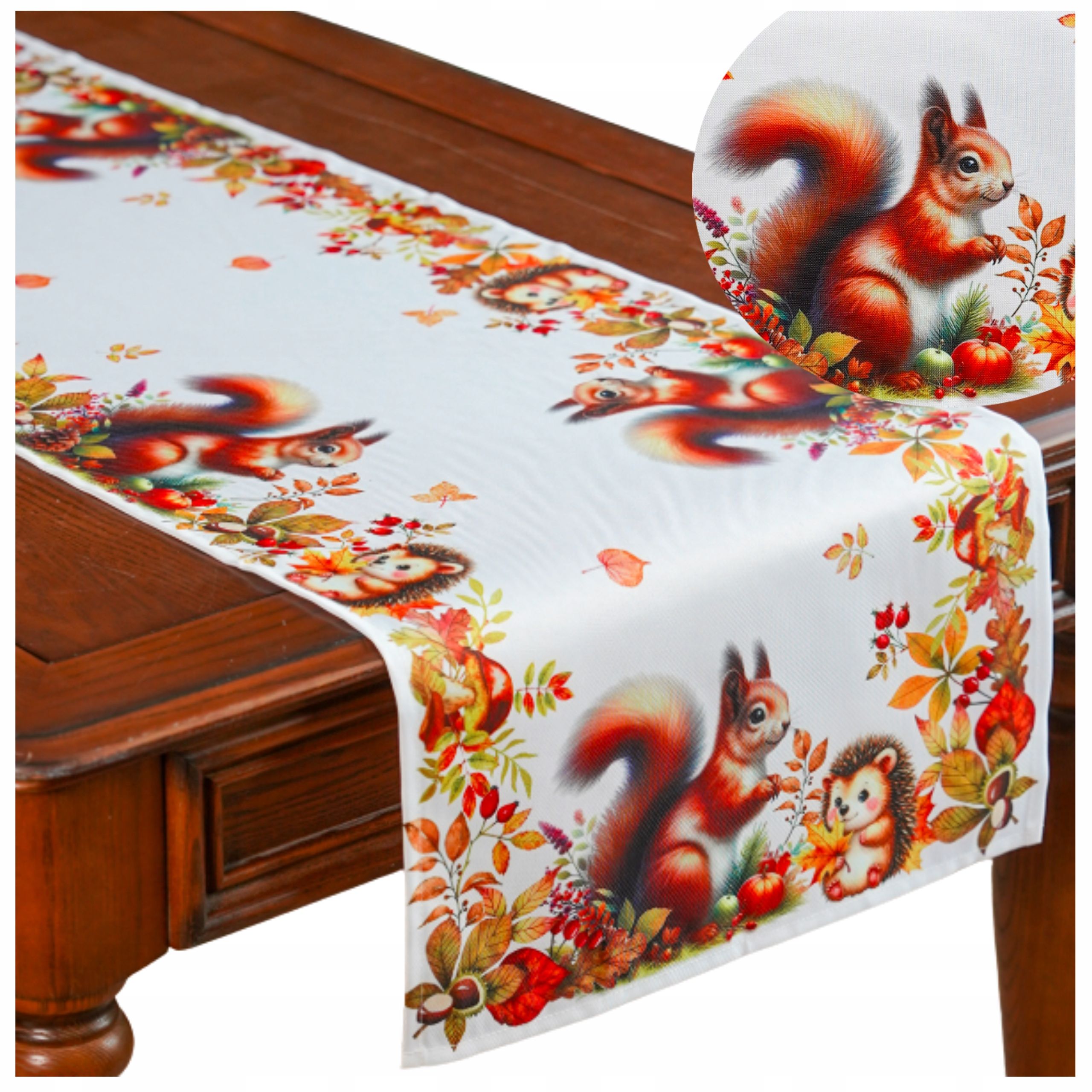 Autumn table runner on the table 60x120 cm yellow orange color squirrel hedgehog