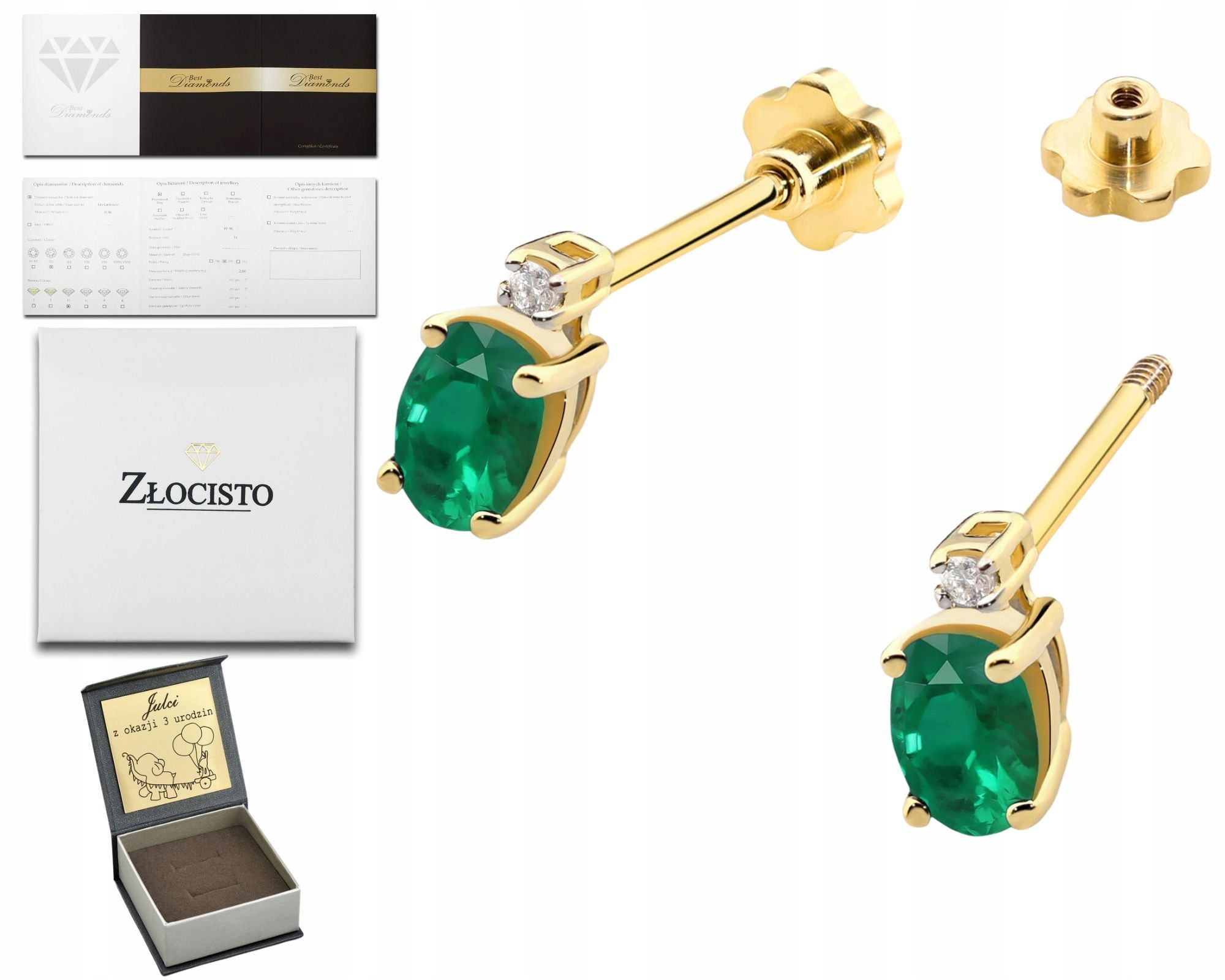  Zlaté náušnice zelený prírodný kameň smaragd a diamanty zlato 585