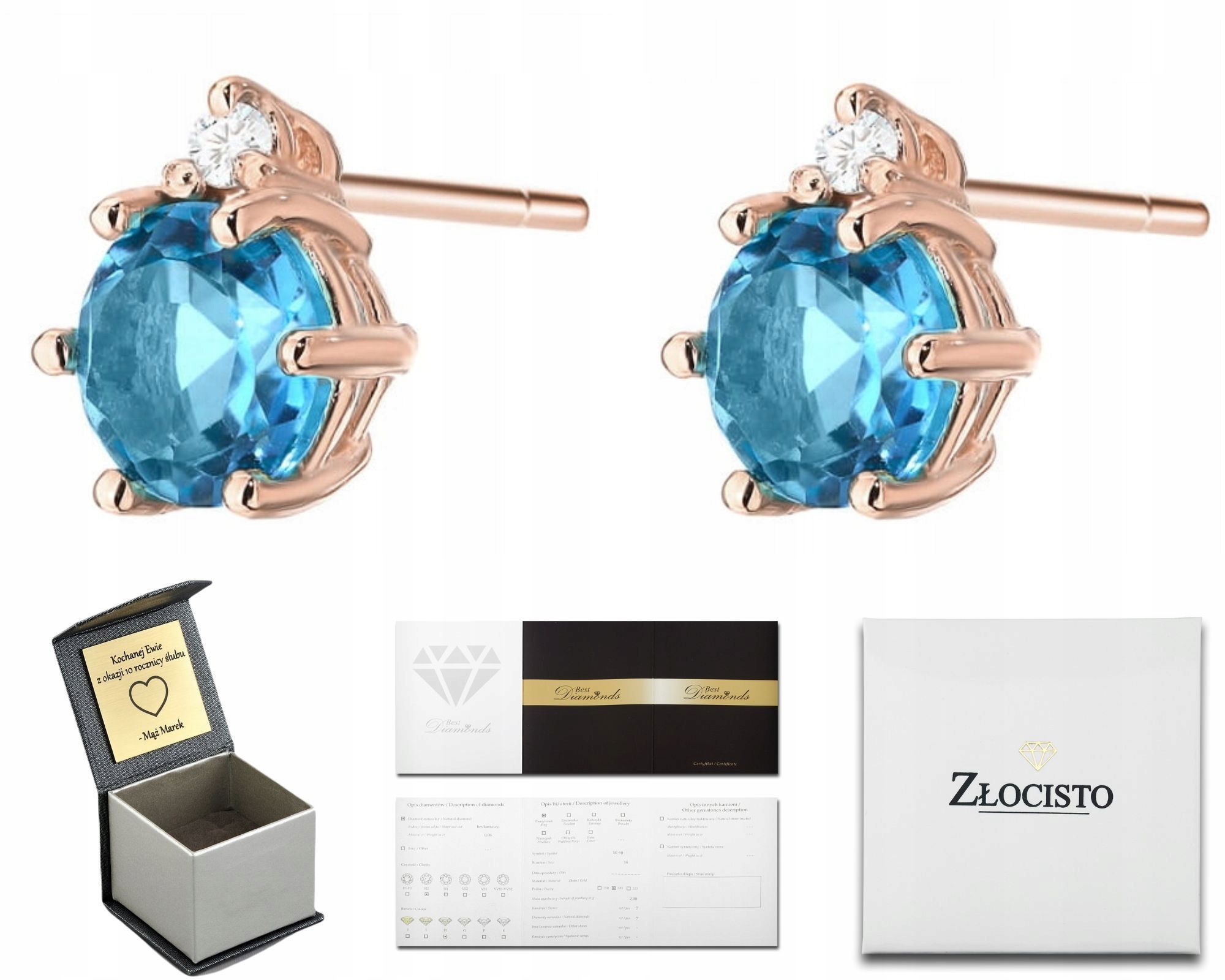  Zlaté náušnice topaz london blue diamanty ceruzka zlato 585 14k