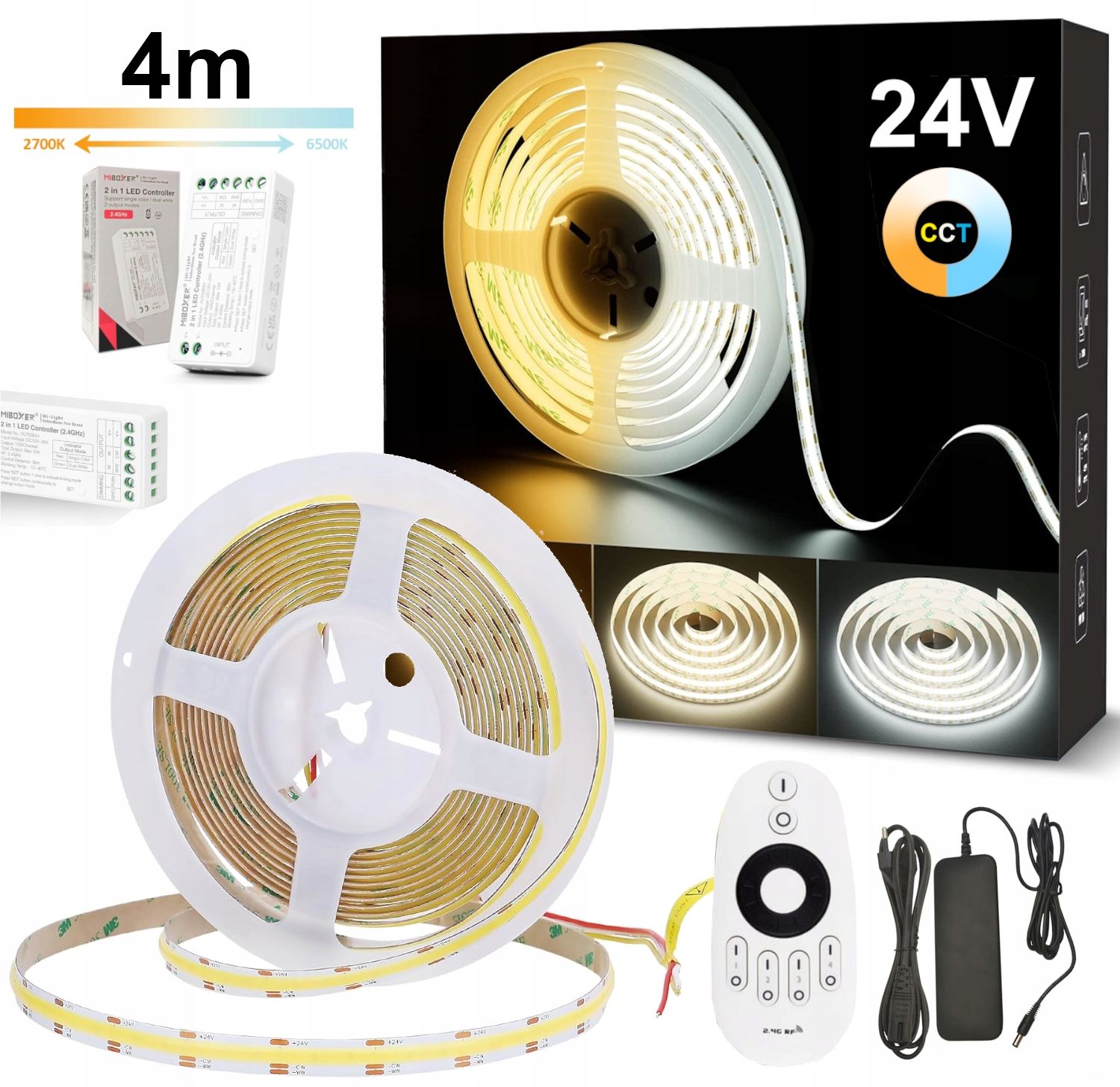  Led juosta 5m cob cct 24v su kintamąją spalva 2700k-6500k valdiklio + maitinimo šaltinis
