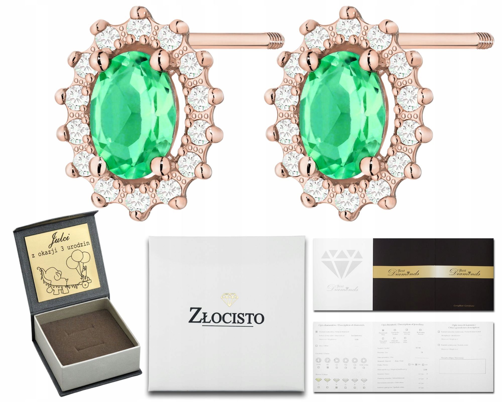  Zlaté náušnice zelený prírodný kameň smaragd a diamanty zlato 585