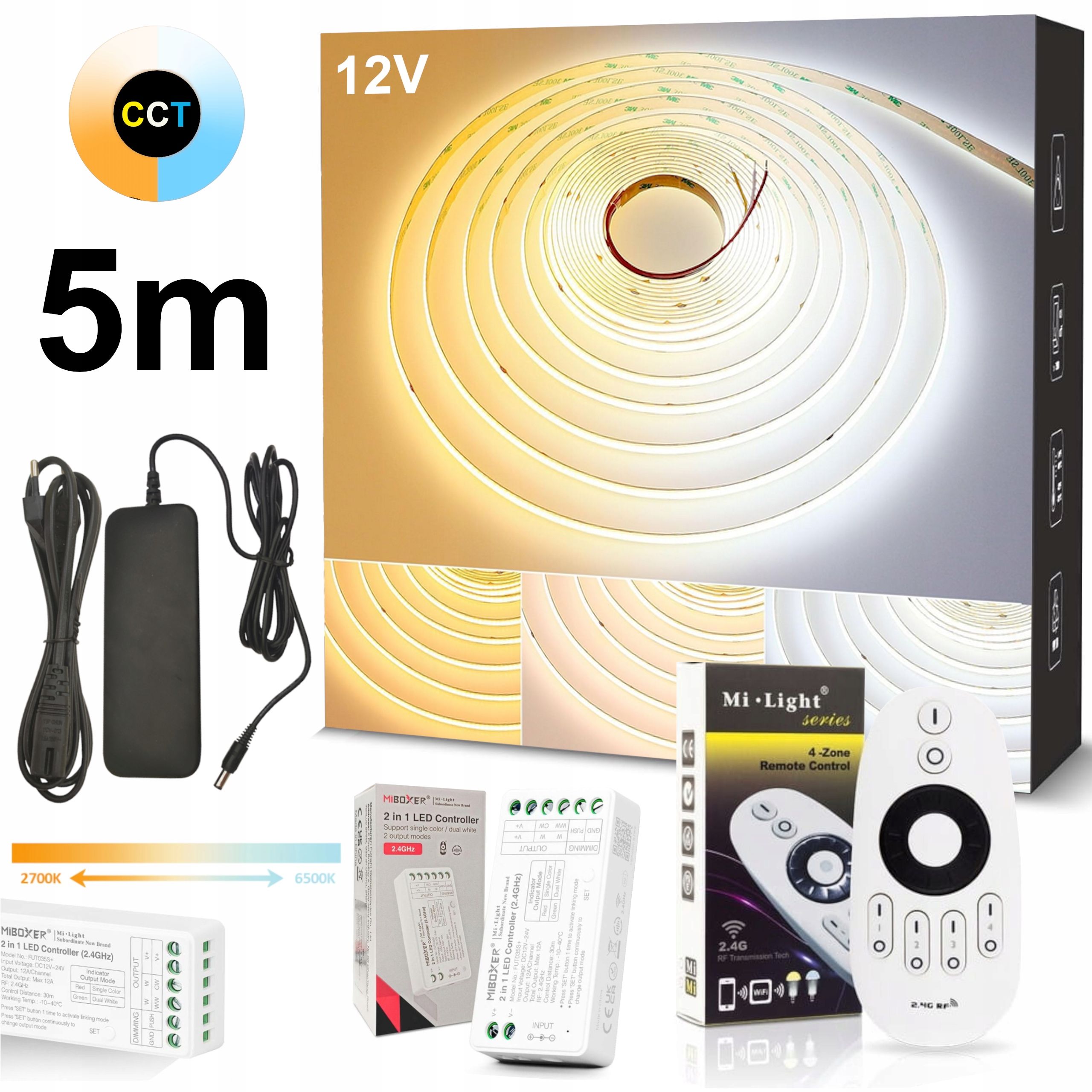  Led juosta 5m cob cct 24v su kintamąją spalva 2700k-6500k valdiklio + maitinimo šaltinis