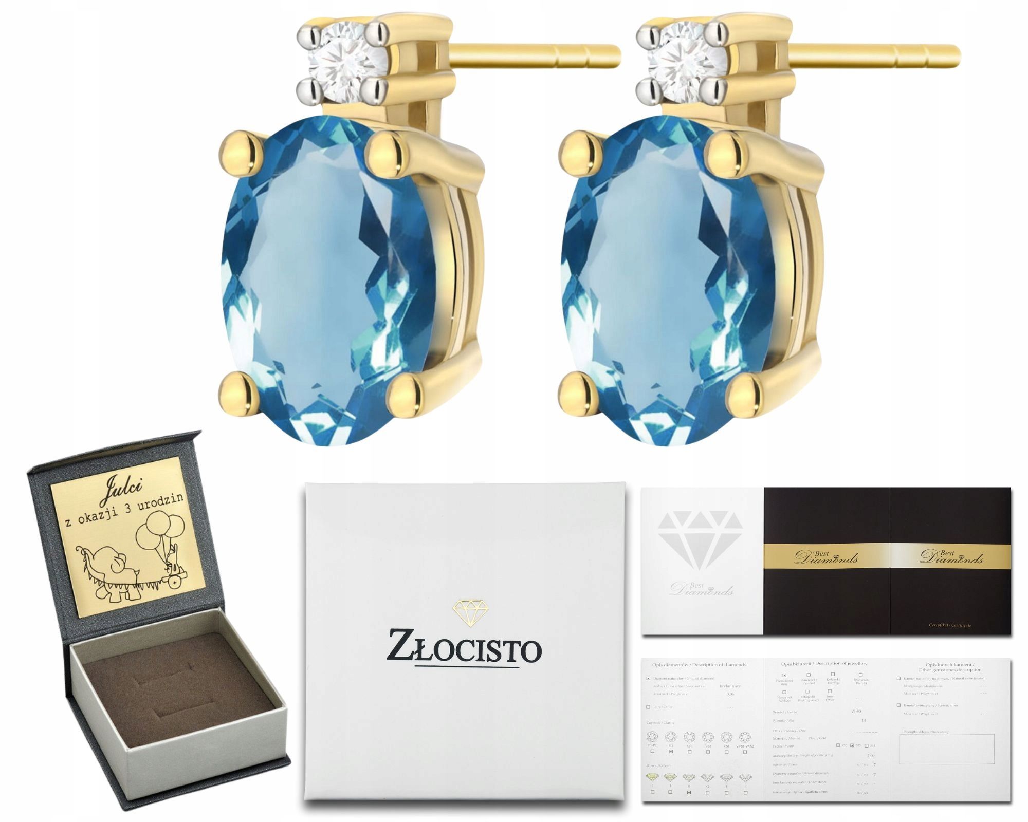  Zlaté náušnice topaz london blue diamanty ceruzka zlato 585 14k