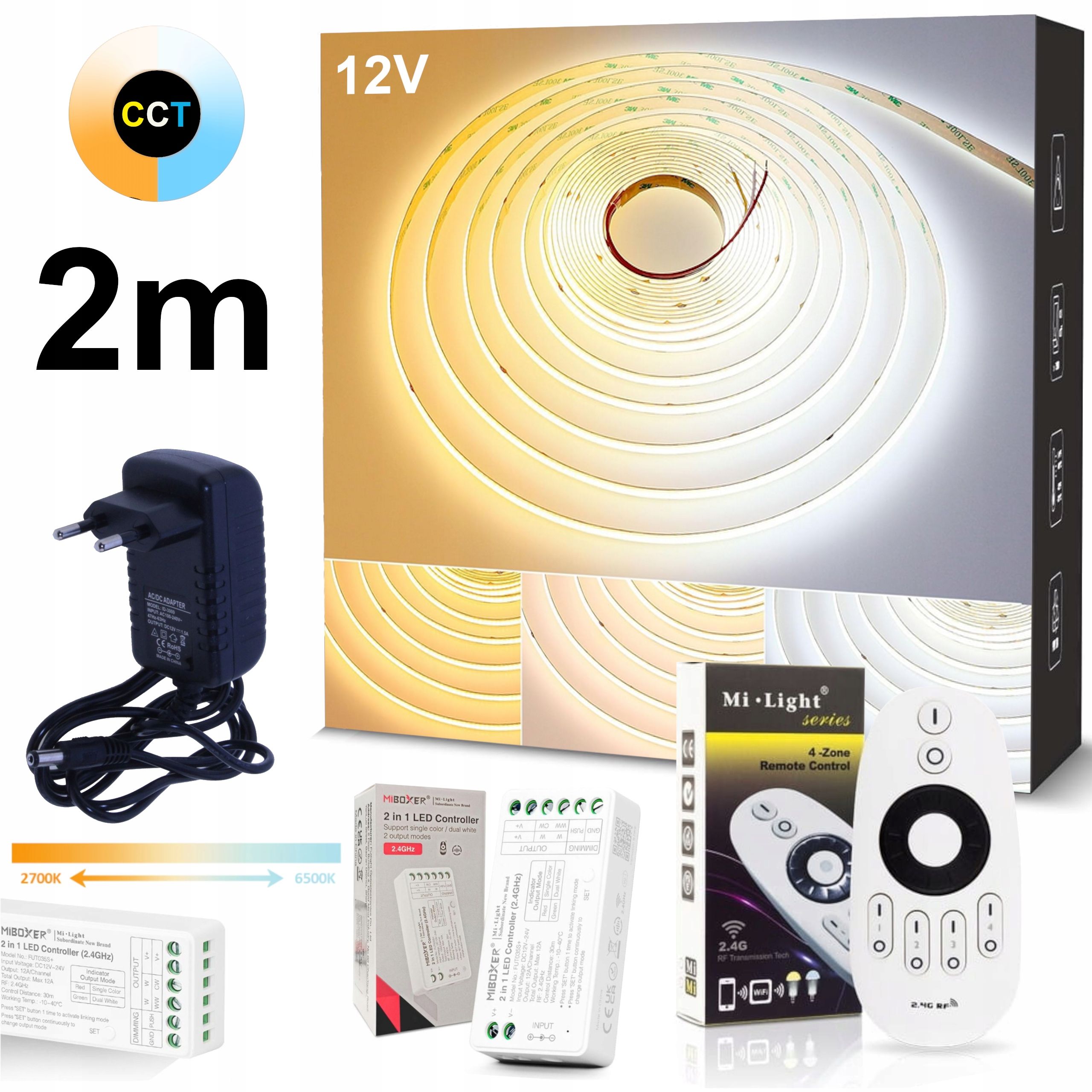  Led juosta 5m cob cct 24v su kintamąją spalva 2700k-6500k valdiklio + maitinimo šaltinis