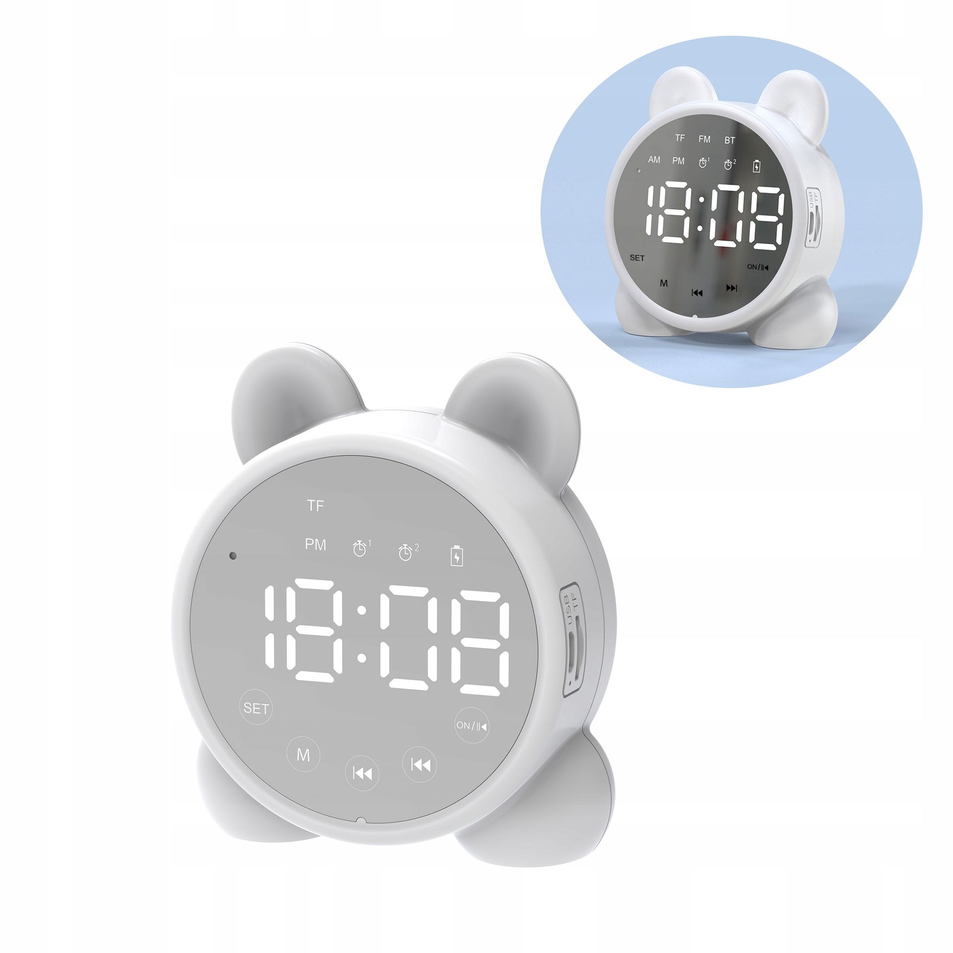  Budík hodiny led fm rádio reproduktor s funkcí bluetooth bt zrcadlo kotě rozowy