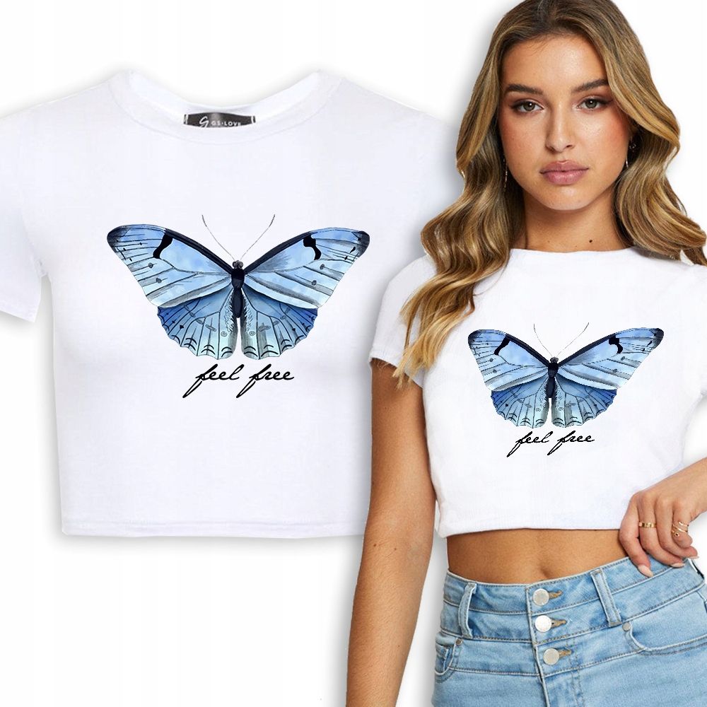  T-shirt kurz crop weiß mermaid muster - s