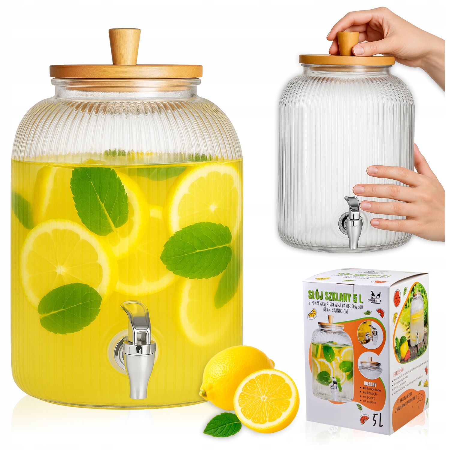  Glass jar with tap 8 l feeder water lemonade juice on a stand + cap