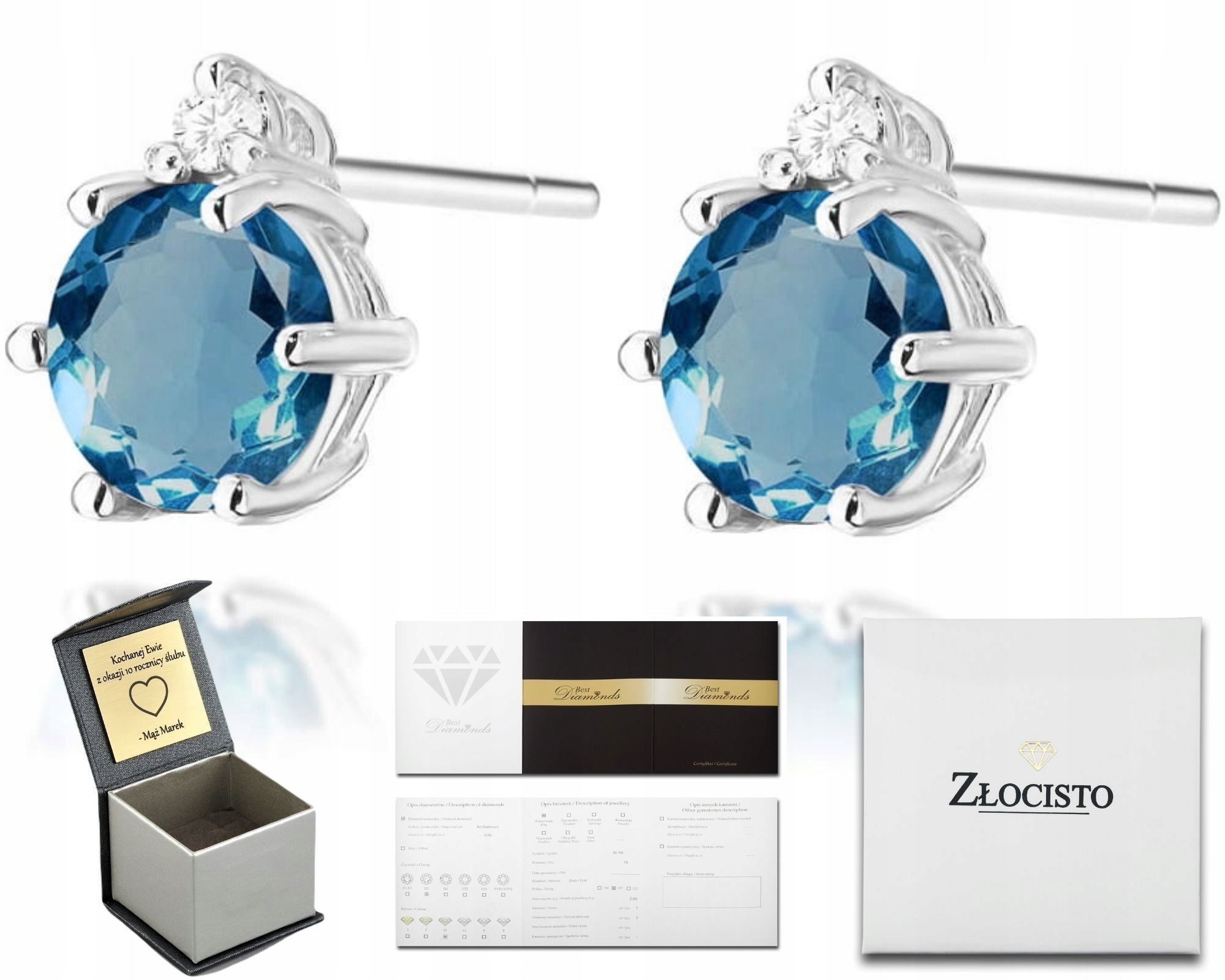  Zlaté náušnice topaz london blue diamanty ceruzka zlato 585 14k