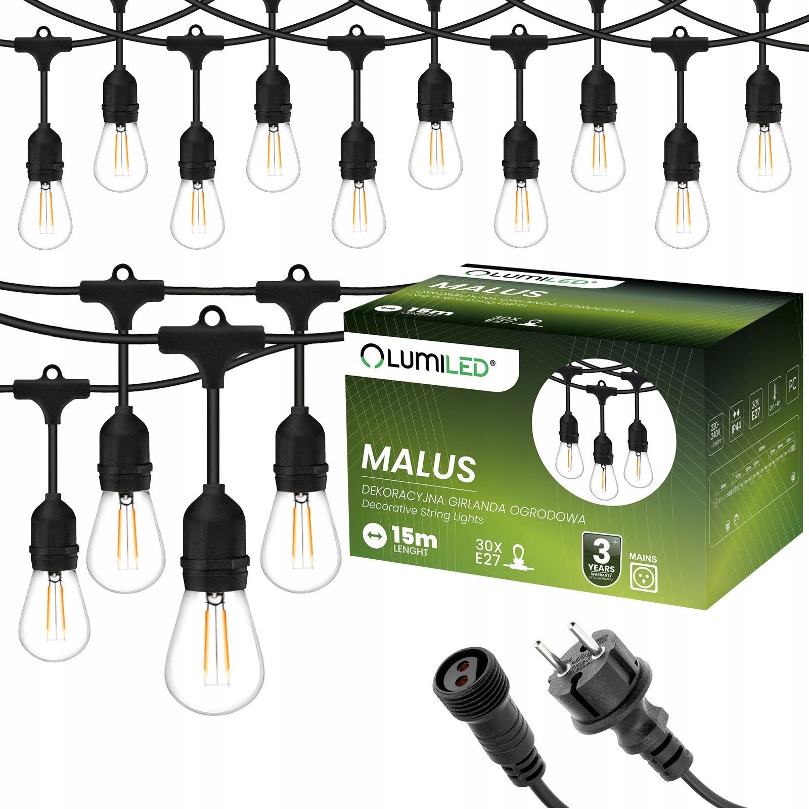  Dārza vītne ārējs ķēde led gaisma 15m 15xe27 1,3w premium