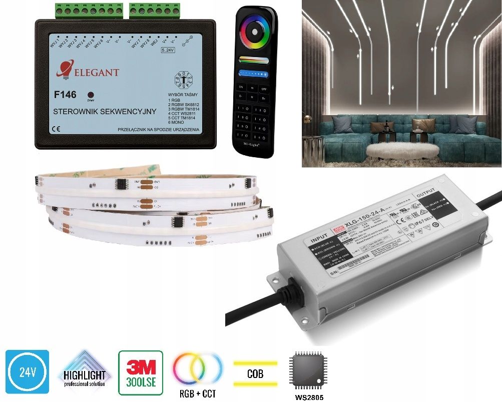 5m osvětlení korytarzowe soubor digitální led f146 cob ws2805 rgb + cct 24v