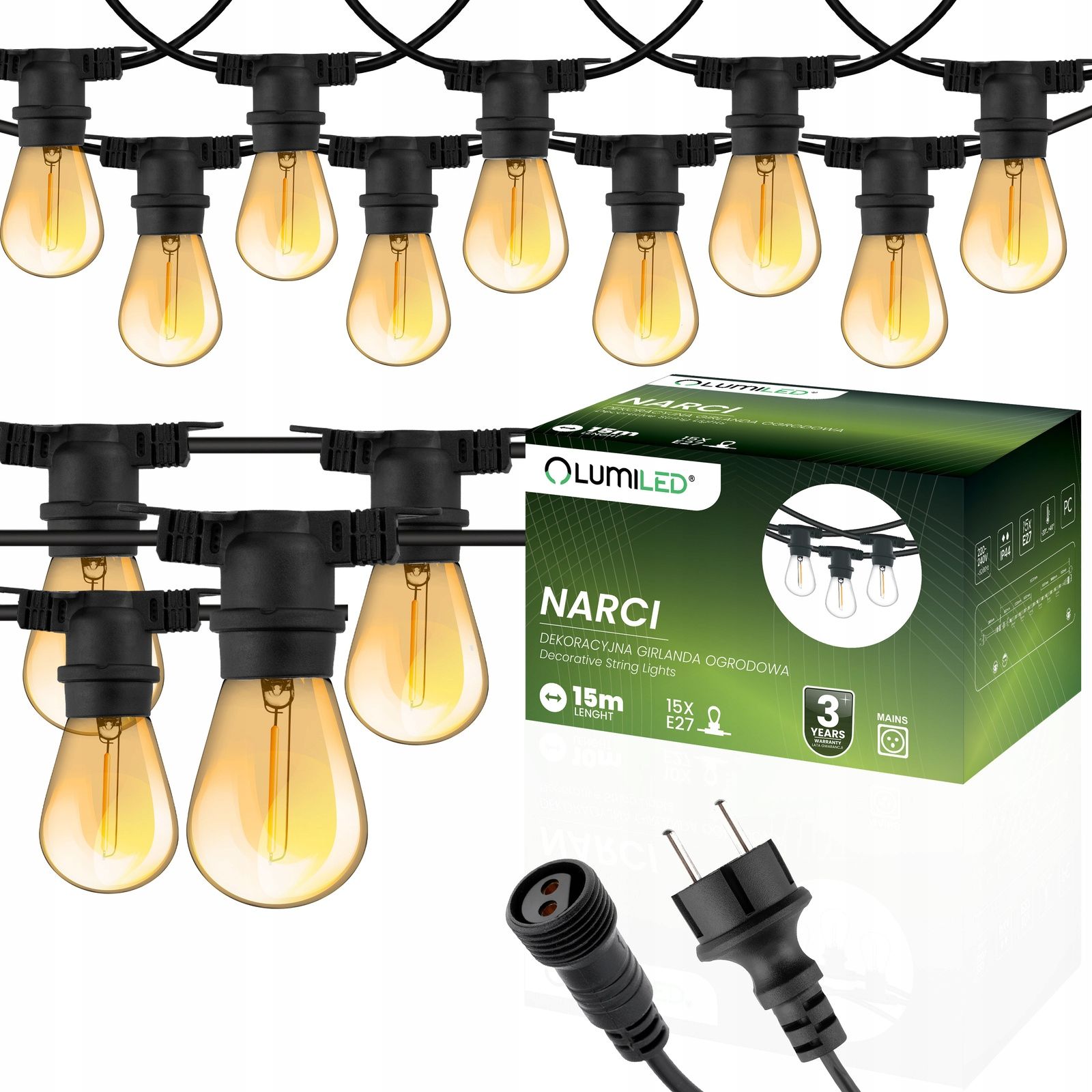  Dārza vītne ārējs ķēde led gaisma 15m 15xe27 1,3w premium
